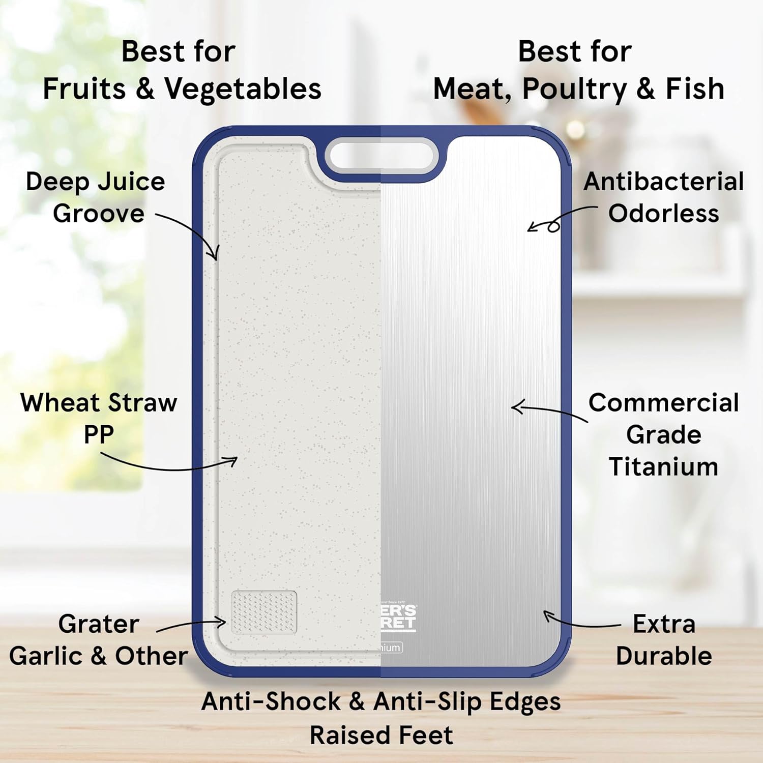 Titanium Cutting Boards for Kitchen, Cutting Board Double Sided Food Grade, Pure Titanium and Wheat Straw PP, Dishwasher Safe Easy to Clean Large Size 16”×11” Navy Blue by Baker's Secret