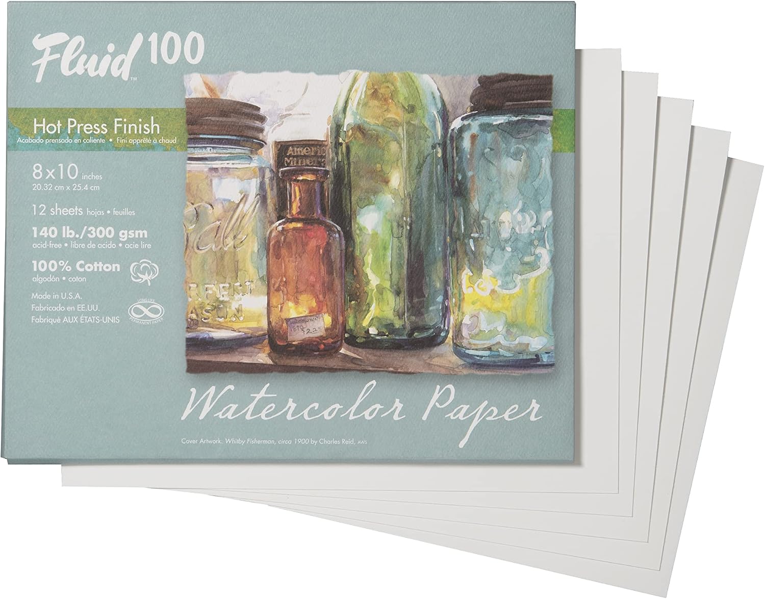Fluid 100 Artist Watercolor Paper, 140 lb (300 GSM) 100% Cotton Hot Press for Watercolor Painting and Wet Media, 8 x 10 Pochette, 10 Sheets
