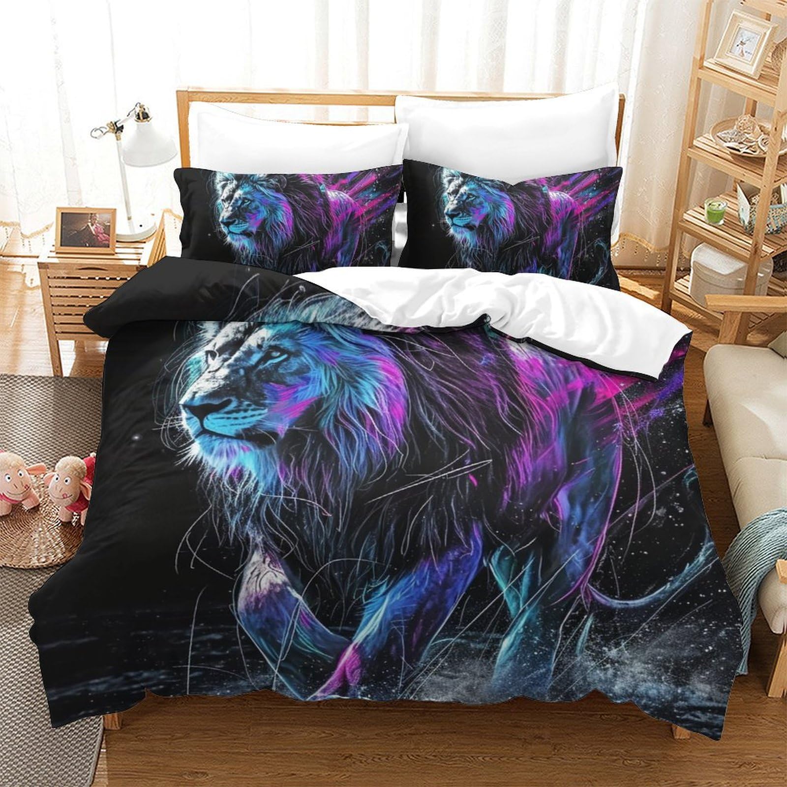 Housse de couette lion 3 pièces 200x200cm, cadeau idéal déco chambre