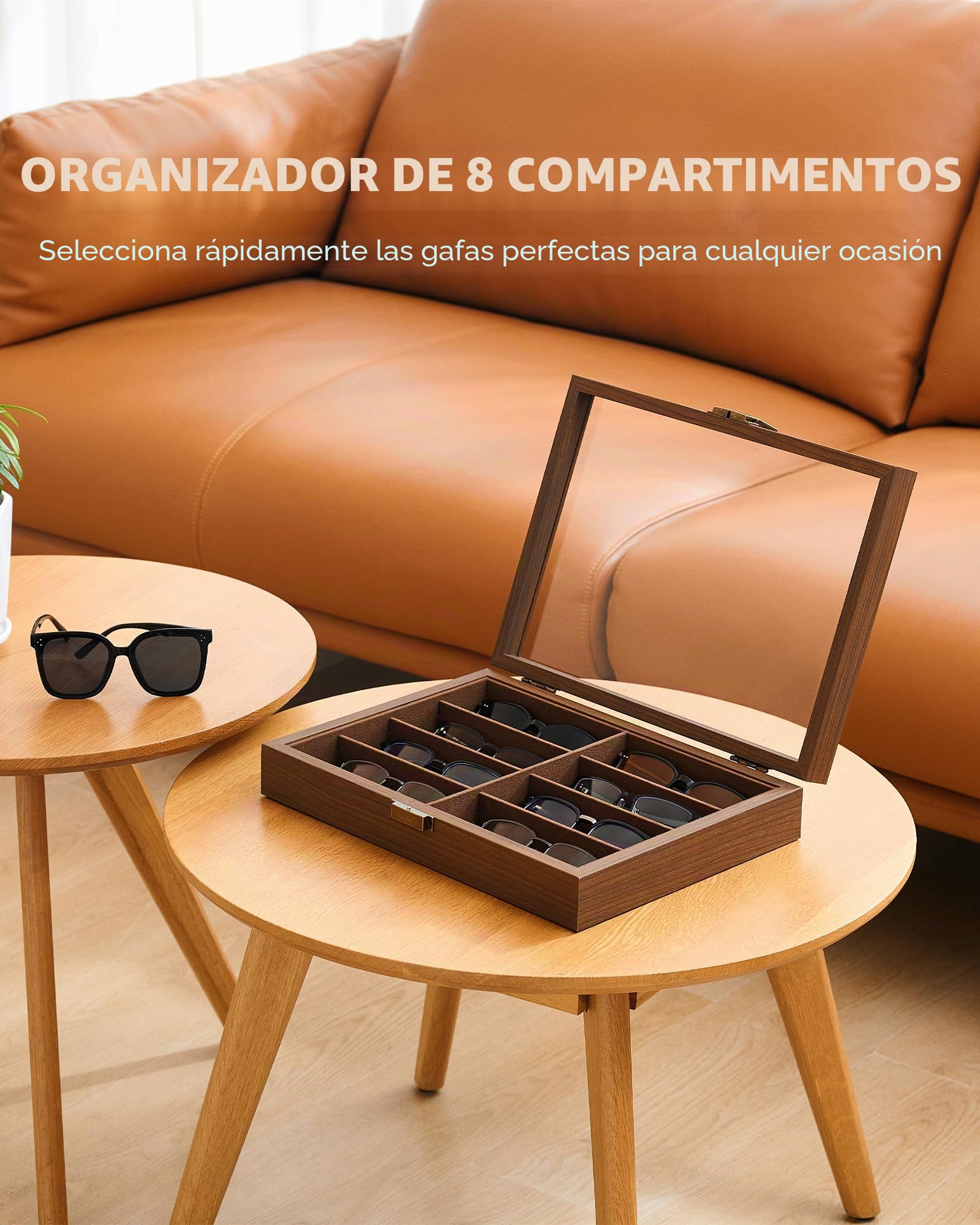 Organizador de gafas de sol de madera de nogal con 8 ranuras, almacenamiento multiusos para gafas, relojes, joyas, expositores para mujeres y hombres