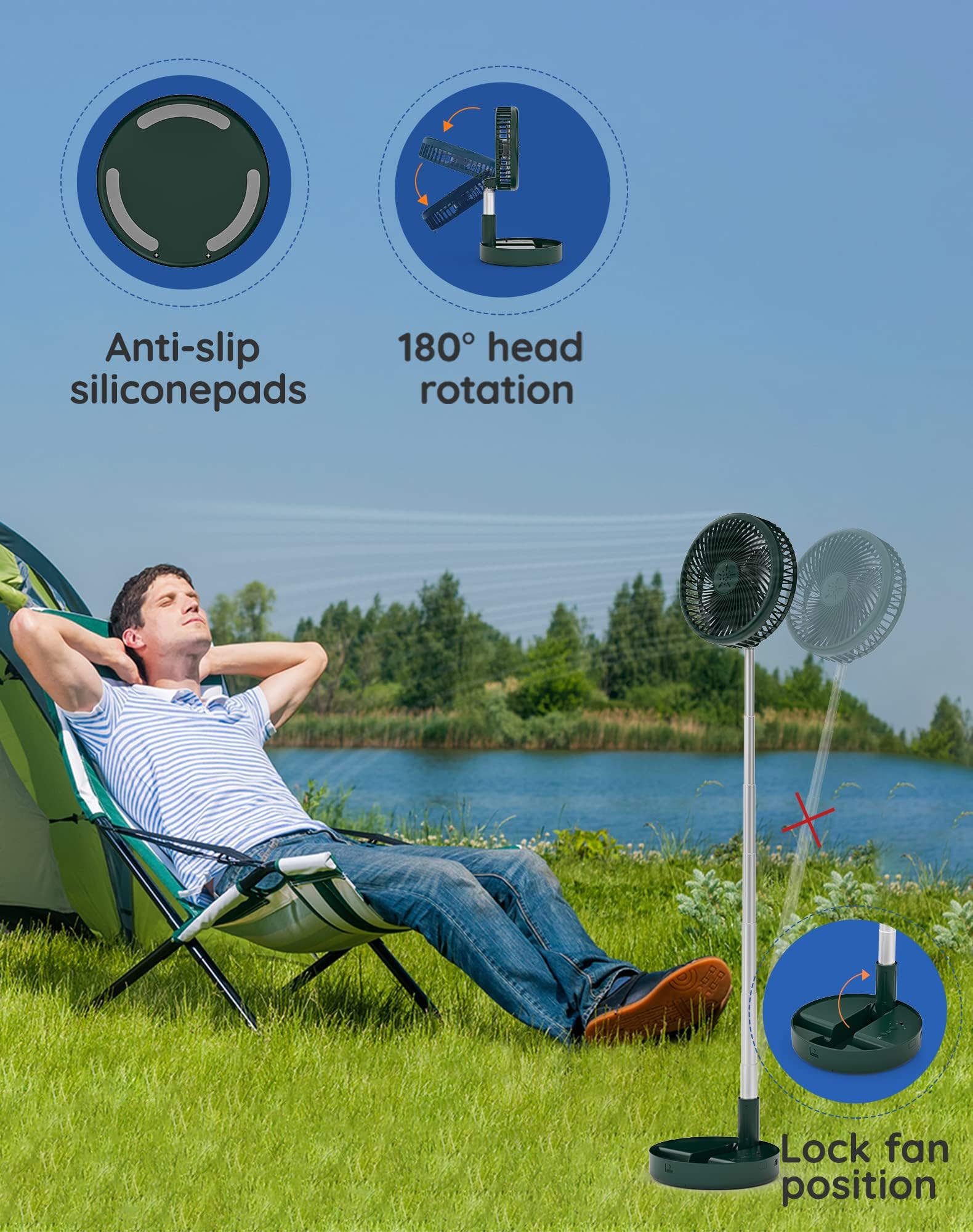 Ventilatore ricaricabile portatile, 7200mAh a batteria con telecomando | Ventilatore da tavolo pieghevole, 6-21 ore, 4 velocità, per viaggi, campeggio, crociera, camera da letto, verde, 19,6 cm