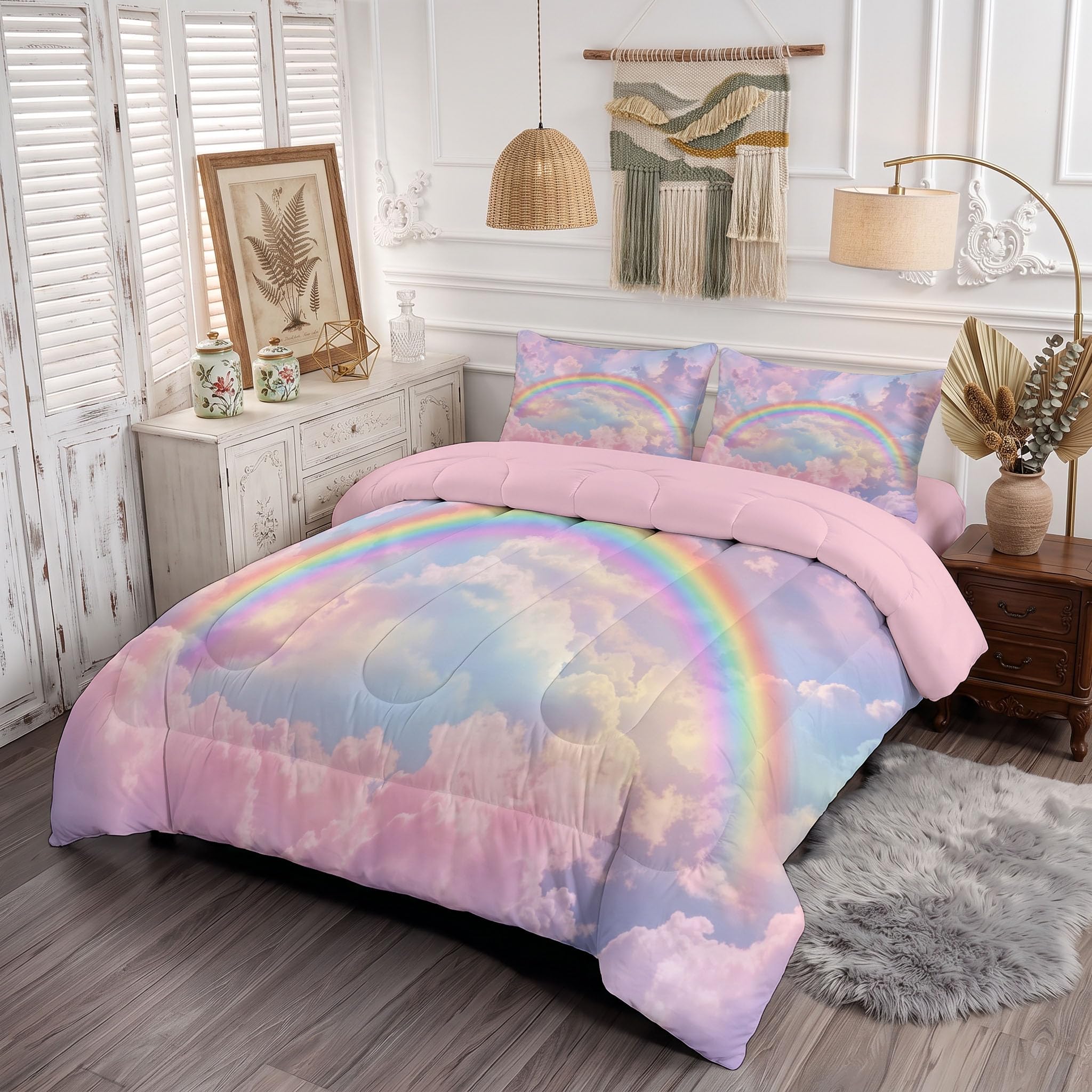Copriletto Trapuntato Per Bambini Con Cielo Arcobaleno Da Sogno | Trapunta Matrimoniale Invernale, Blu Polvere, Piumone Caldo Morbido Romantiche Nuvole Zucchero Filato Per Decorazione Camera Da Letto