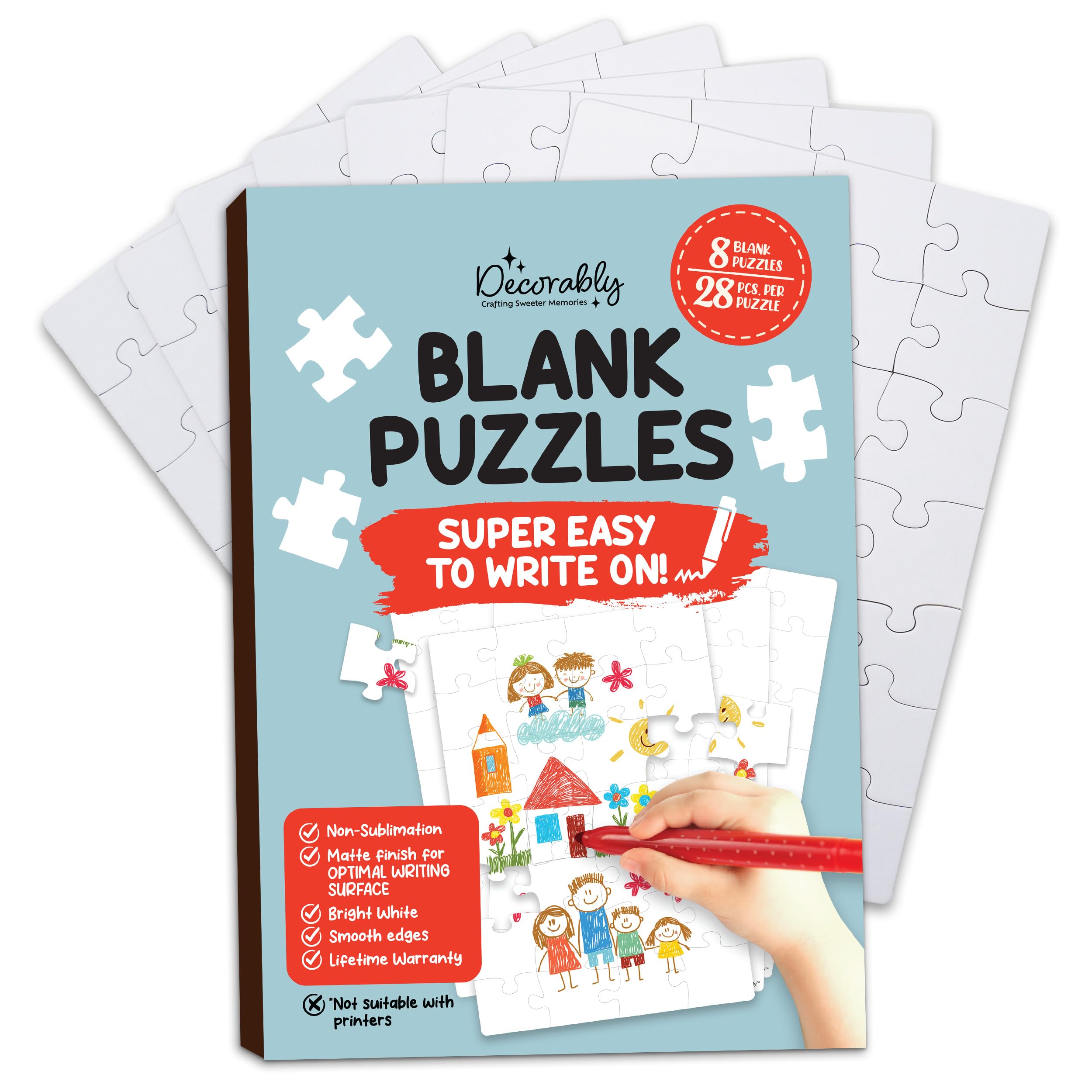 Decorably 8 Pack Blank Puzzles for Kids Set with Matte Finish, 28pcs Each 5.5x8in to Draw On for Boys & Girls Activities, Arts & Crafts, DIY Projects