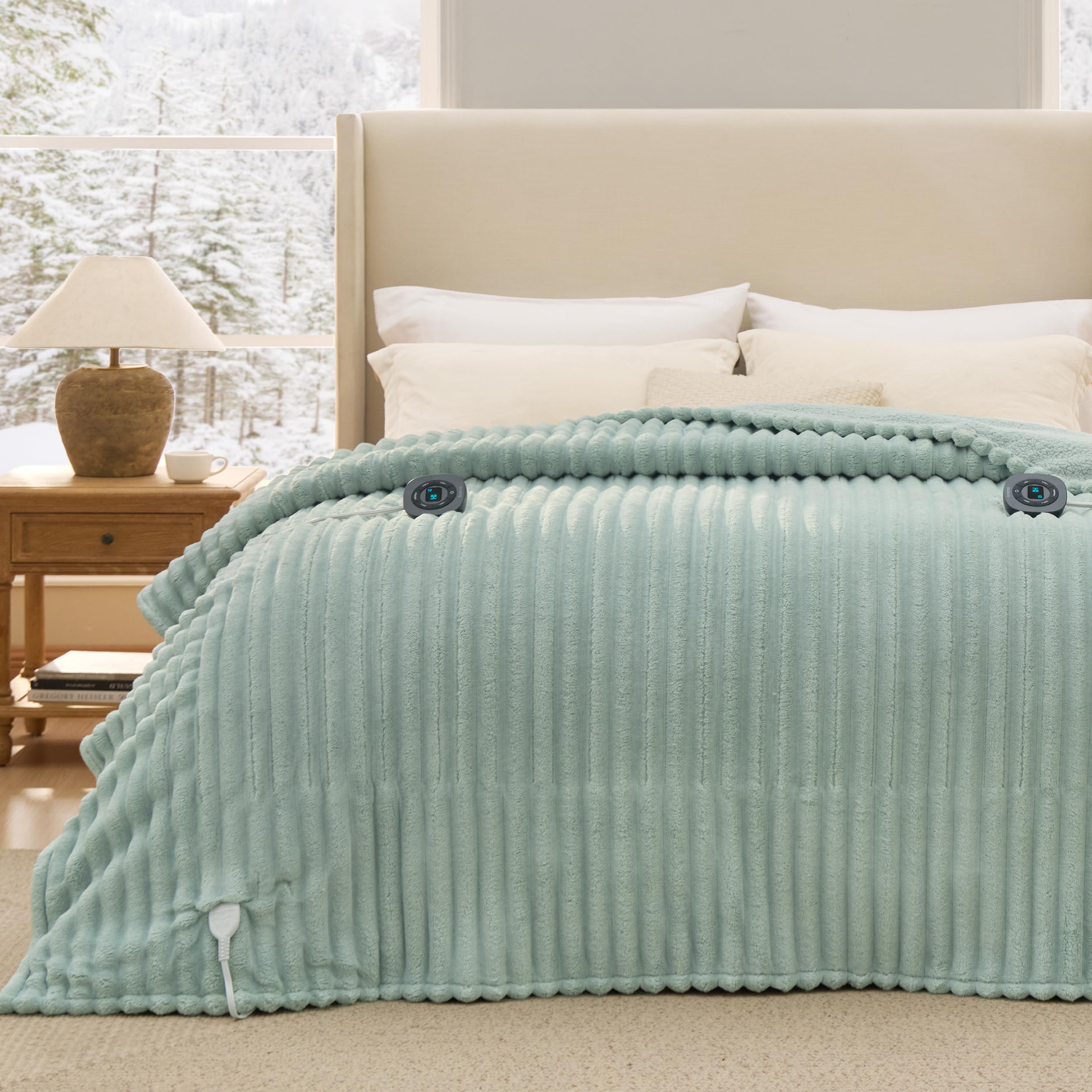 Bedsure Electric Blanket Queen Size - Thick Striped Flannel Electric Blanket with Dual Control, Heating with 10 Heat Settings &amp; 10 Time Settings, 8 hrs Timer Auto Shut Off (84x90 inches, Green)