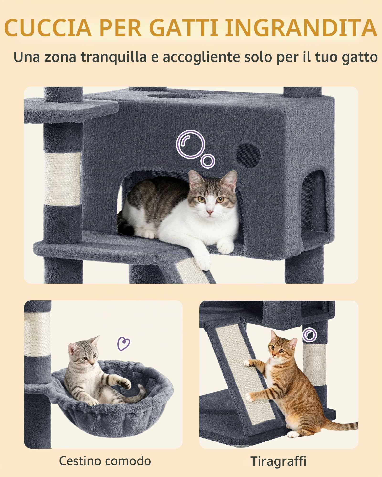 Hzuaneri Tiragraffi per Gatti, 153 cm con 6 Pali Graffiatoi, 1 Ampia Grotte, 3 Grandi Piattaforme, Cestino, Palline di Peluche, Graffiatoio, Grigio Scuro MS15418SG