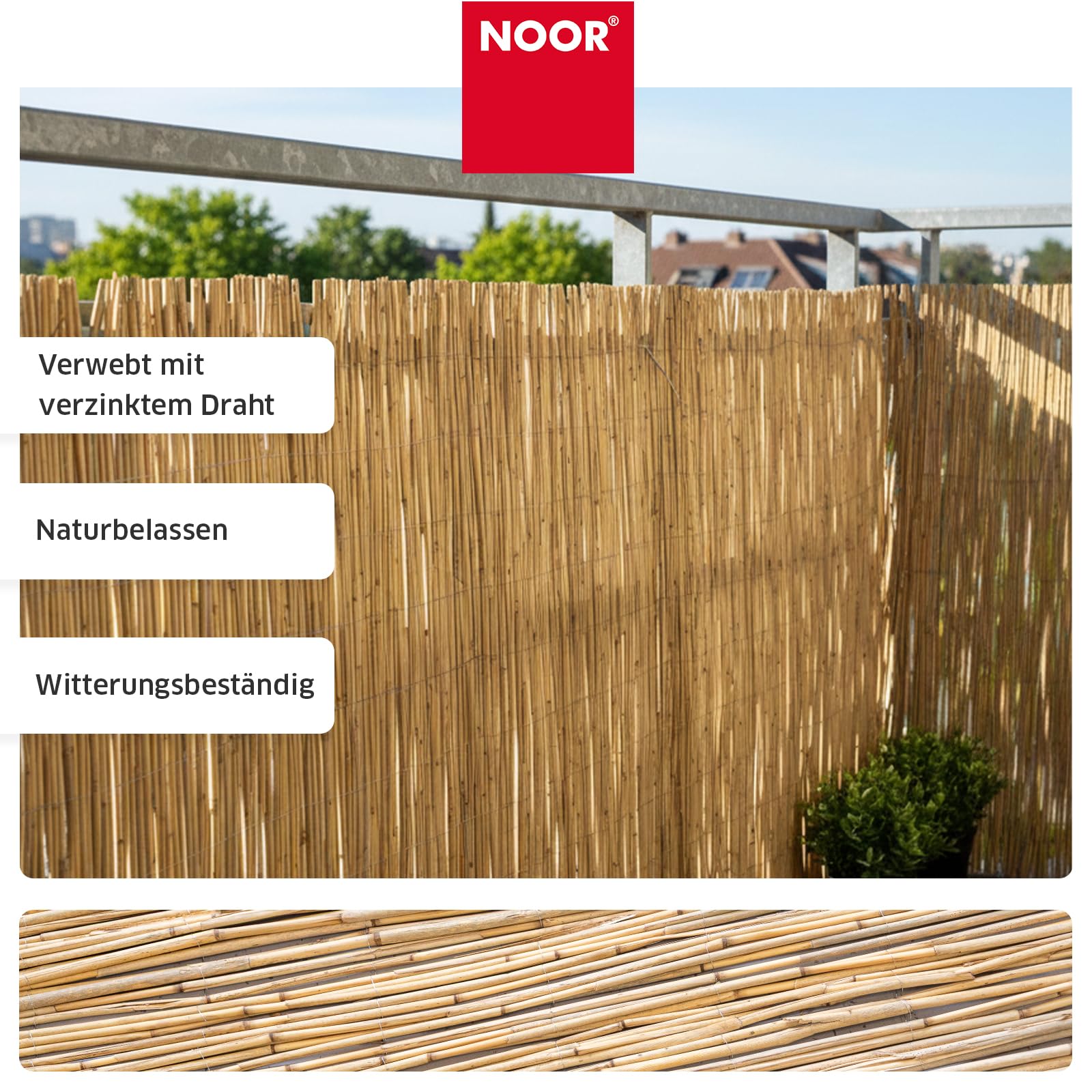 NOOR Schilfrohrmatte ST.Tropez - Premium Sichtschutzmatte - Natur 1,2x3,0 m | Hochwertiger Sicht- & Windschutz aus Schilfrohr für Garten, Terrasse & Balkon - Zaunblende verwebt mit verzinktem Draht
