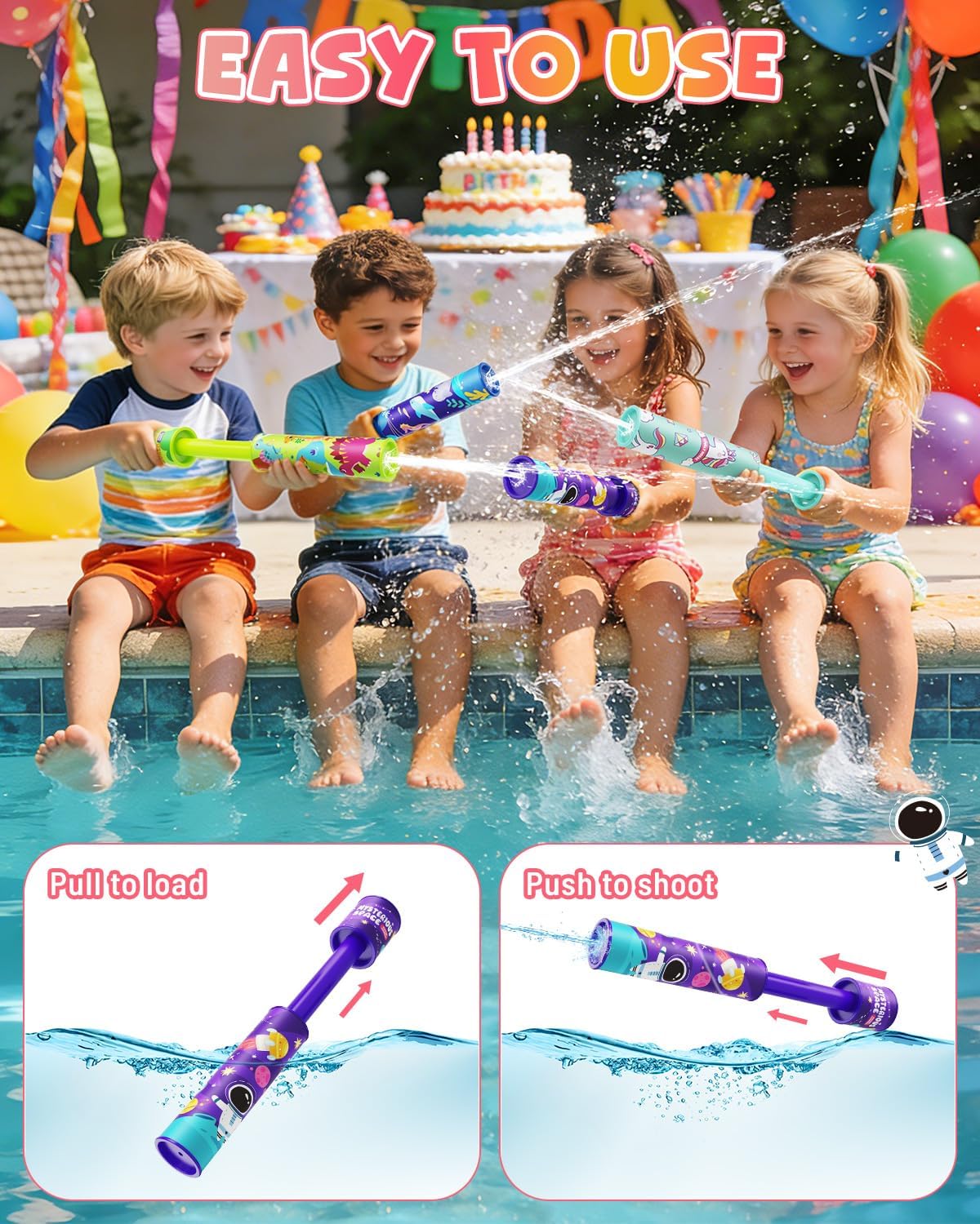 Water Gun Squirter Shooters for Kids: 4 Pack Water Blasters with Colorful Pattern, Cute Squirt Guns Water Soaker Bulk for Boys Girls Summer Pool Toy Swimming Beach Outdoor Party Favors