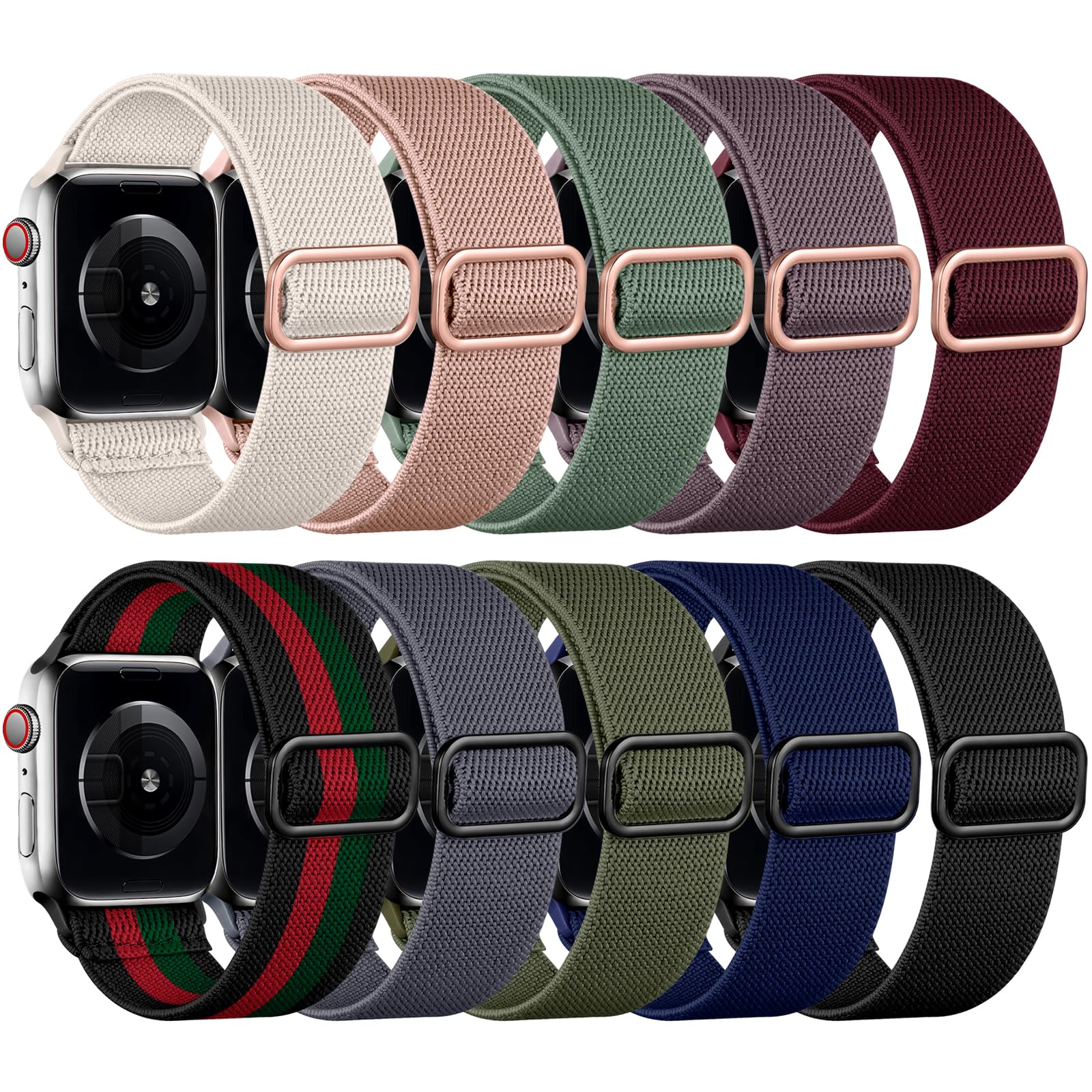 DaQin 10 Pack Stretchy Solo Loop Compatible with Apple Watch Band 38mm 40mm 41mm 42mm 44mm 45mm 46mm 49mm for Women Men,Soft Nylon Elastic Braided