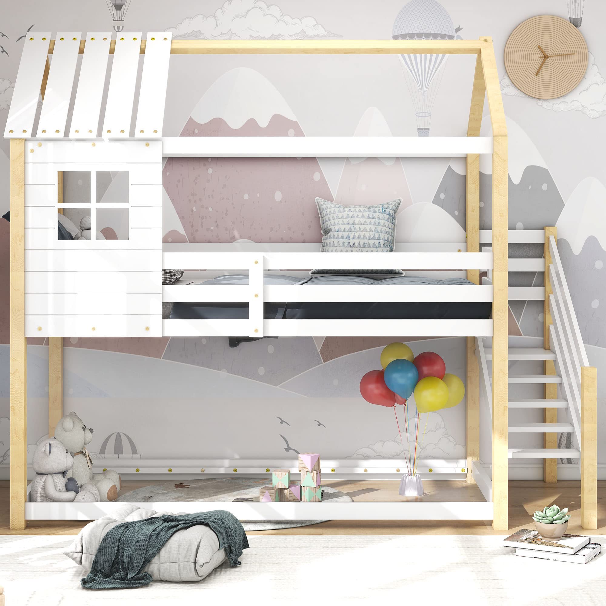 Baumhaus Kinderbett, Bett mit Ecktreppe, Hausbett, Kinderbett mit Fallschutz und Gitter, mit Fenster, Rahmen aus Kiefer, weiß+Natur (200x90cm),Woodcolor
