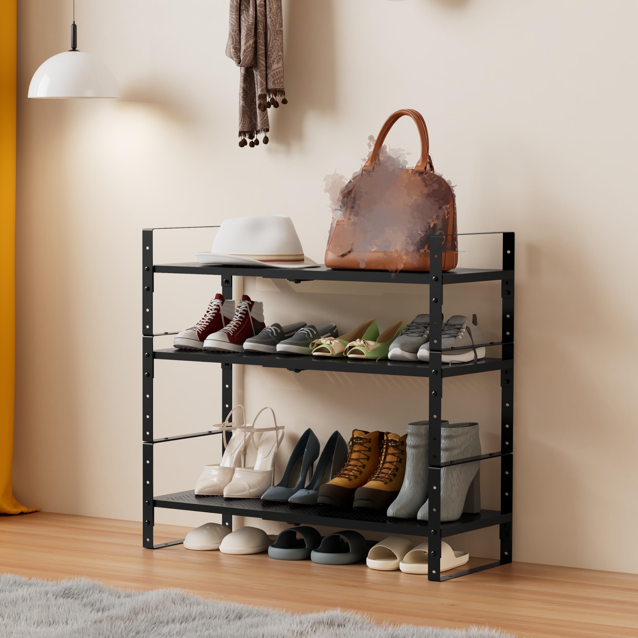 Zapatero de metal multifuncional, ahorra espacio, perfecto para entrada, armario, baño, etc. - Resistente y duradero, alta capacidad de peso (2 paquetes/negro/mediano)