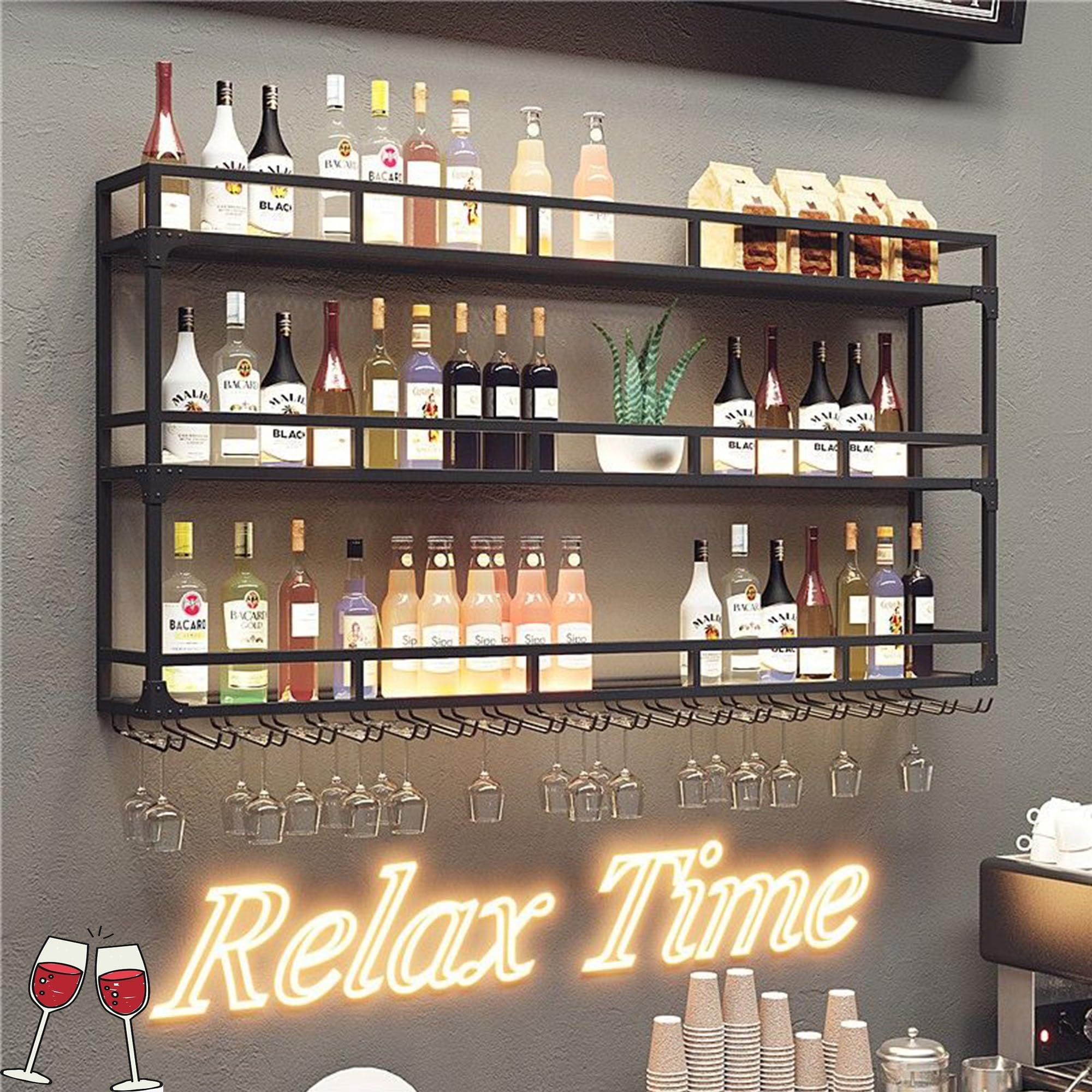 Botellero Vino Pared con Luz Vinoteca Mueble Bar Garrafeira Mini Bar Wine Rack Mueble Comedor Cocina Estantes de Almacenamiento con Soporte Copas Colgante para Cocina Despensa Bodega Barra para Bar(Ne