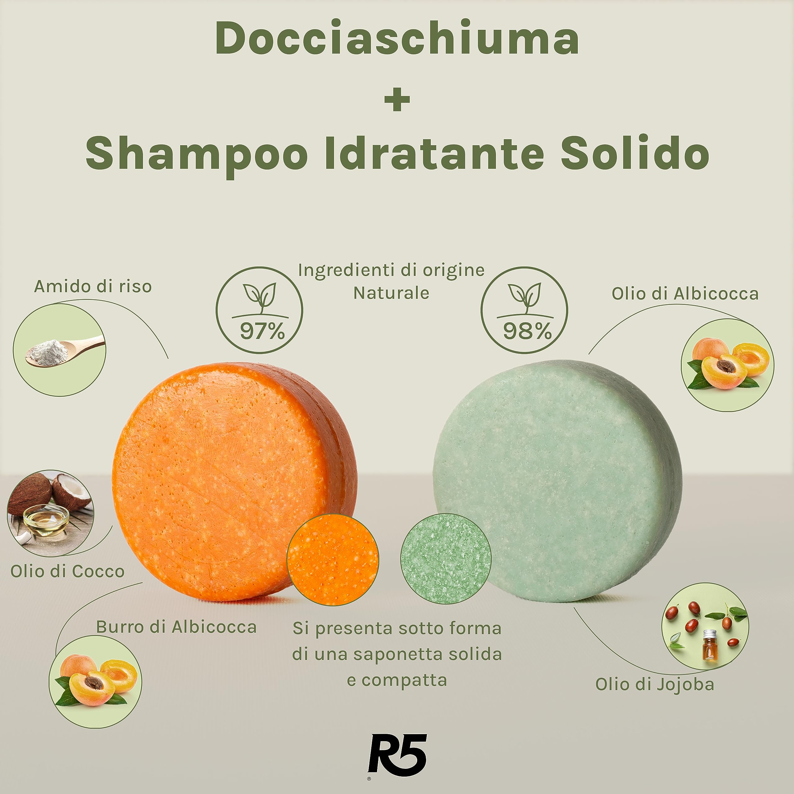 R5, Kit 1 Shampoo Solido Idratante e 1 Docciaschiuma Solido Nutriente al Profumo di Fiori, 2 Portasaponi in Plastica 100% Riciclata, Ecostenibili, Vegan, Made in Italy, Idea Regalo