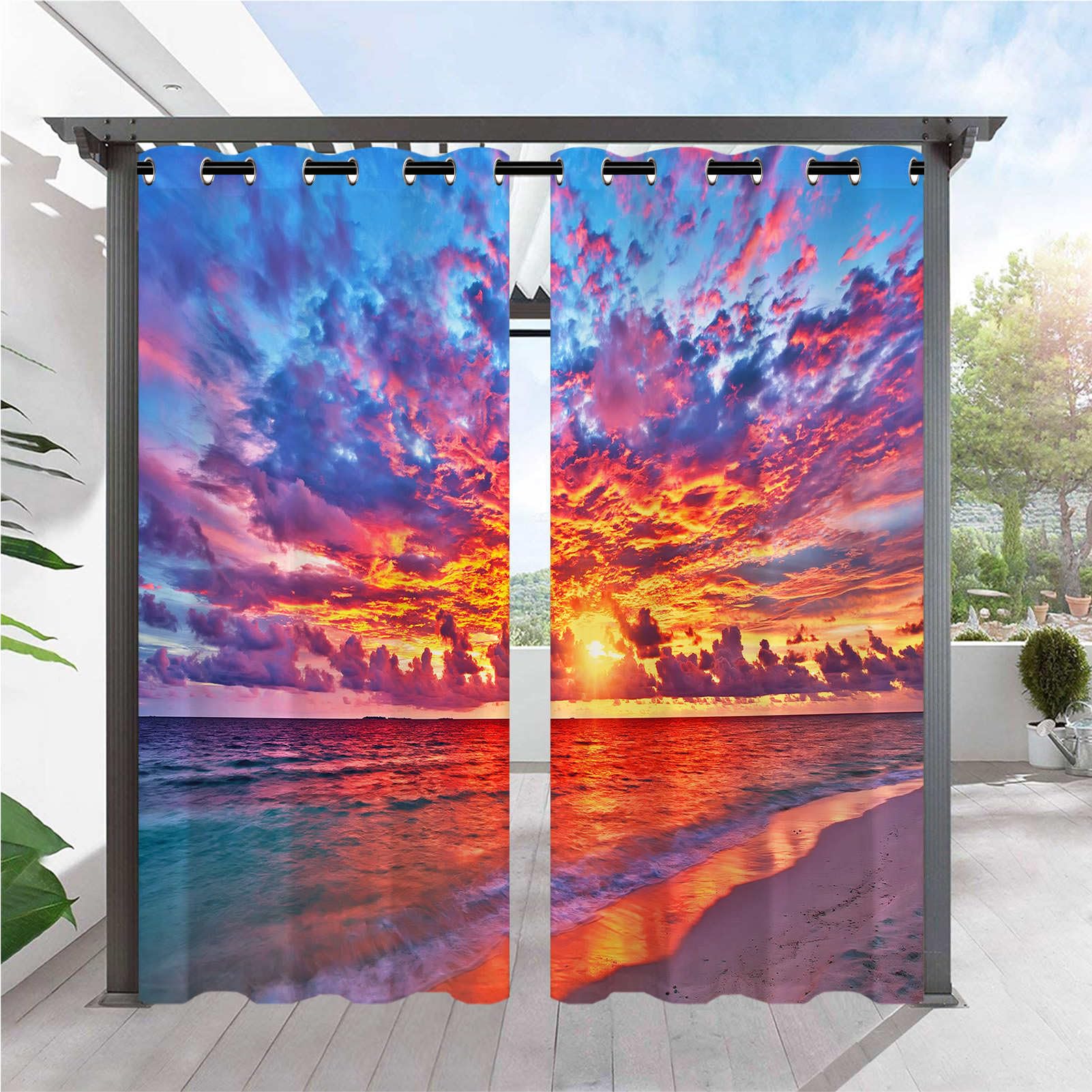 ANHOPE Outdoor Curtains Waterproof Eyelet Ring Top Drapes Coastal Sunset Beach Ocean Print Pattern Privacy Outside Curtains for Garden Patio Gazebo Pergola 2 Panels W 52" x L 108"