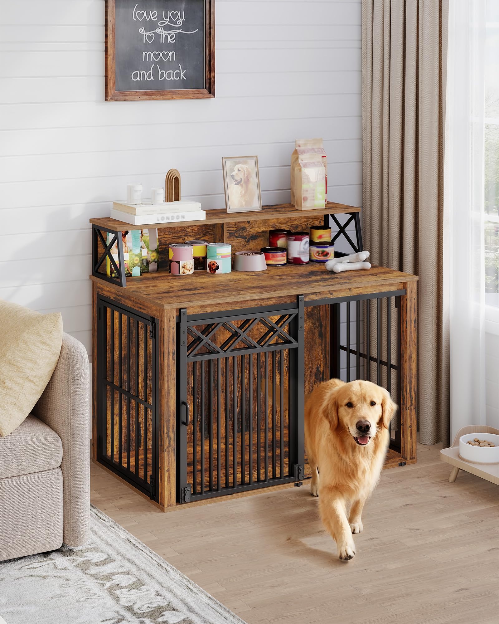 Hzuaneri Jaula para Perros, Muebles, jaulas de Tres Puertas con Estante, Jaula para Perros de Interior con Puerta de Granero, aptas para Razas Medianas y Grandes, 100 x 60 x 86 cm, Vintage DFC87401B