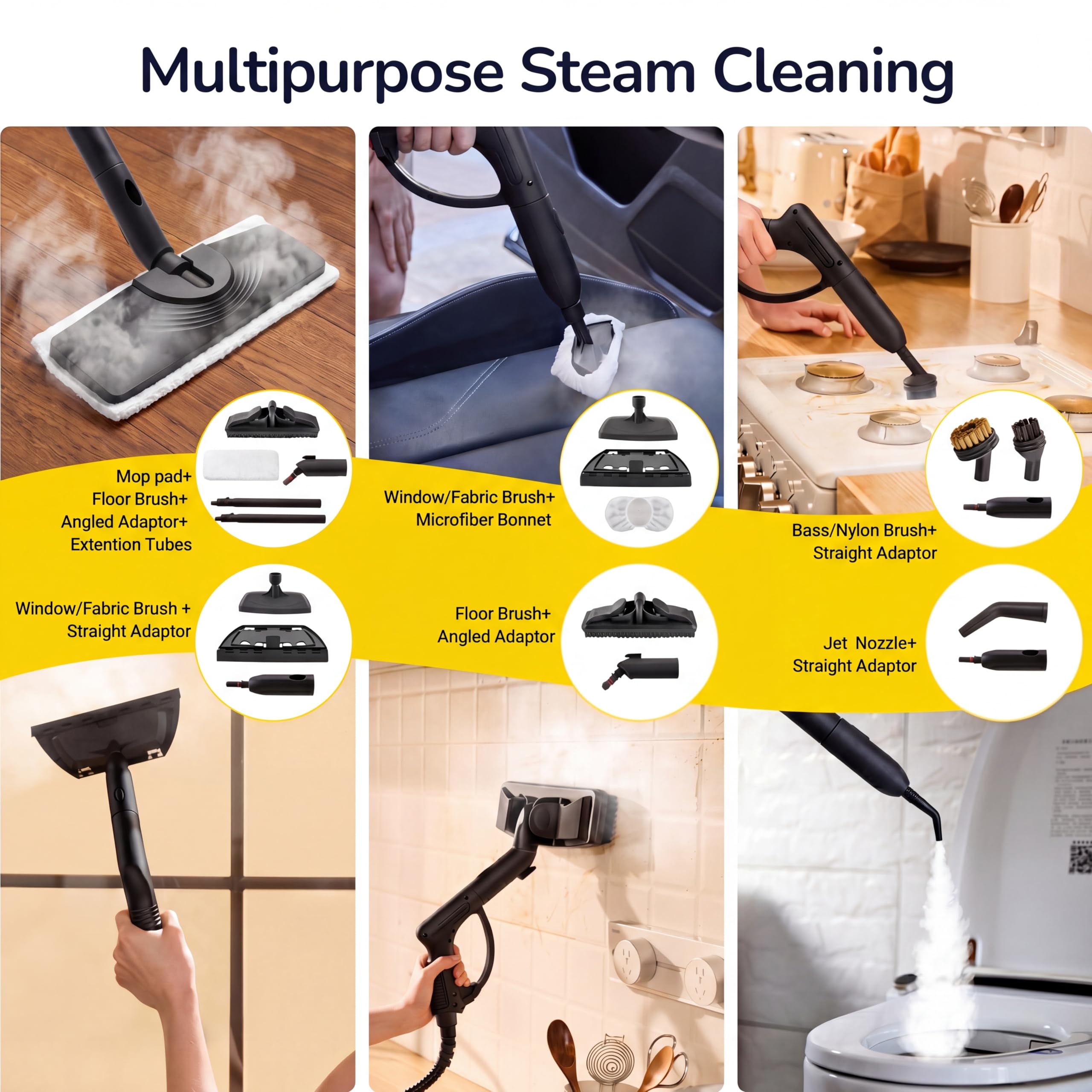 STEAMBOT Mop parowy 37 w 1 do domu i samochodu, zbiornik na wodę 2 l, wąż 1,3 m, głębokie czyszczenie parą do podłóg, płytek, fug, okien, kuchni, salonu, parowar wielopowierzchniowy