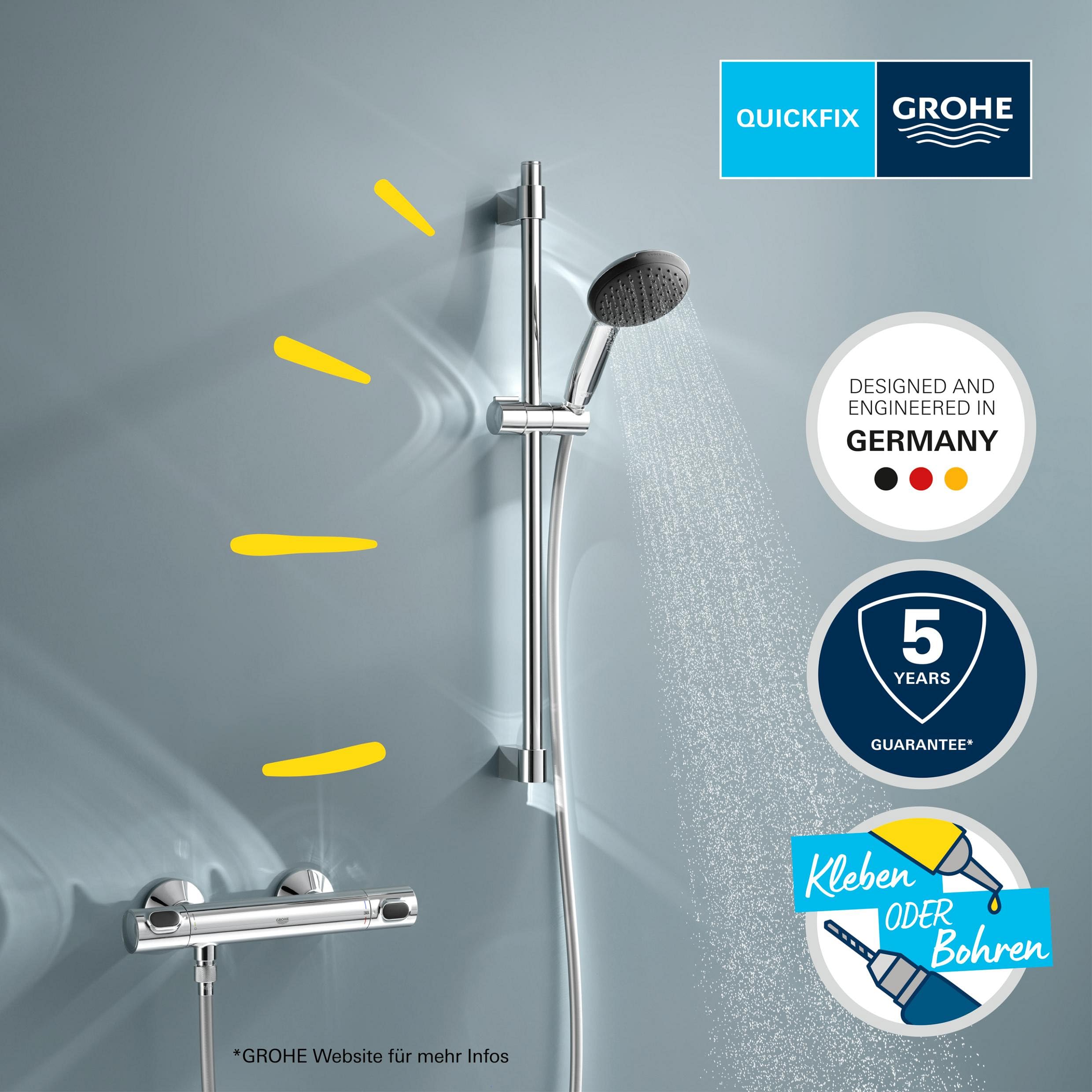 GROHE Precision Flow, Duschset mit Thermostat wassersparend, 8l pro Min (Duscharmatur hält Temperatur konstant, Duschkopf 1 Strahlart, 175cm Schlauch, Duschstange 60cm, 3in1 Werkzeug), chrom, 34800001