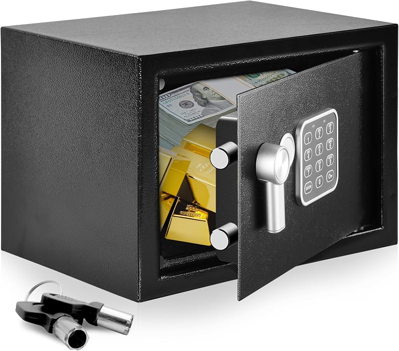 SereneLife Caja de seguridad electrónica Caja de seguridad resistente de 12,2 x 7,8 pulgadas Código de teclado digital y acceso con 2 llaves Caja fuerte para dinero pequeña para el hogar y la oficina Efectivo seguro, joyas y objetos de valor Montable en pared y piso