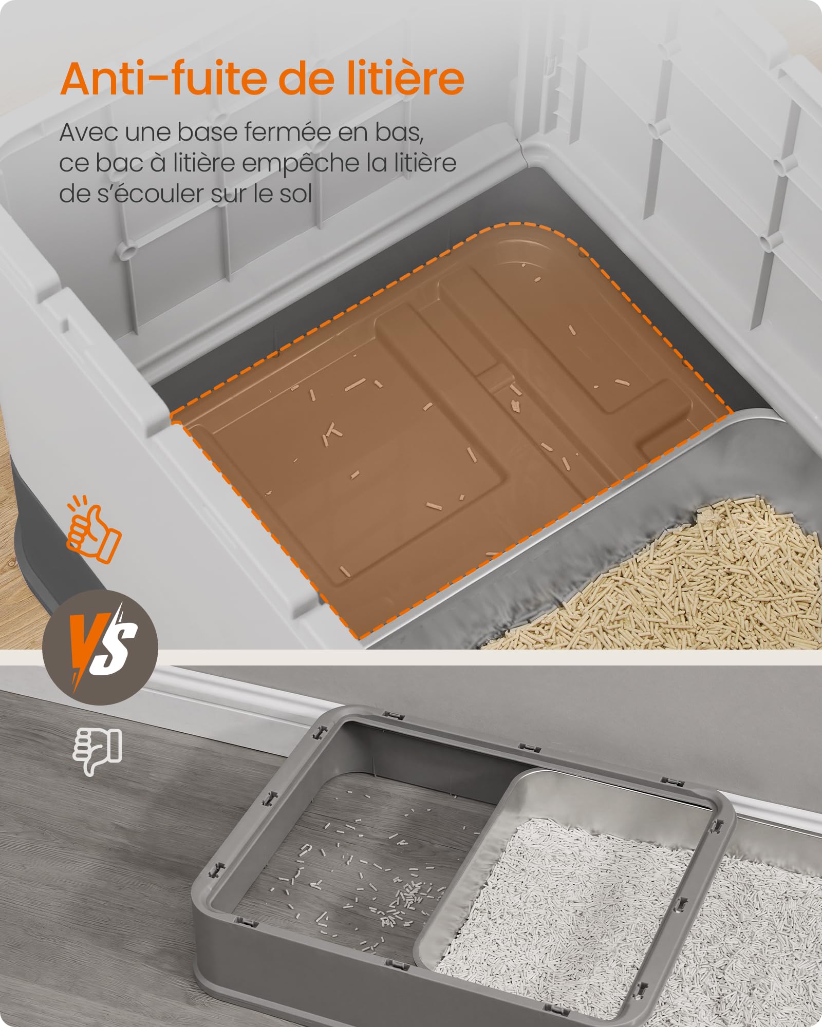 Feandrea Bac à Litière pour Chat en Acier Inoxydable, Caisse Litière avec Plateau Coulissant, Pelle, Brosse, 2 Entrées, pour Chats Jusqu’à 15 kg, Gris Anthracite et Gris Tourterelle PPT004B101