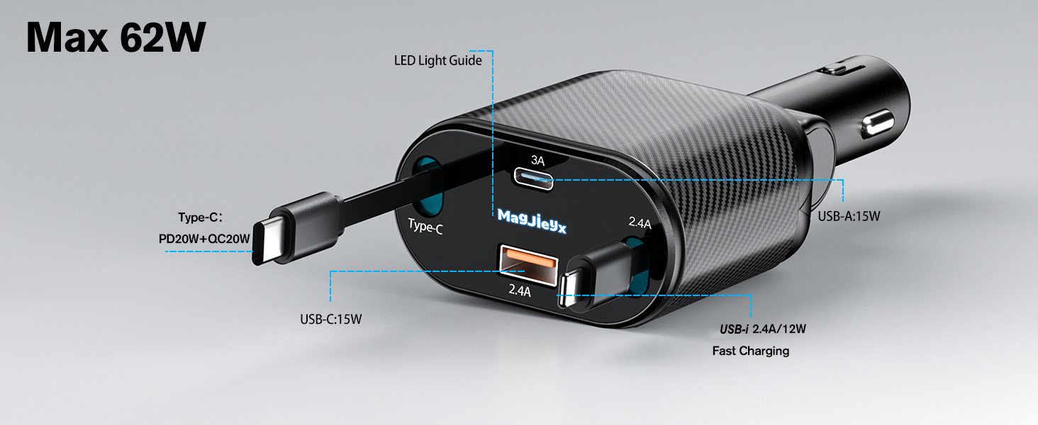 Chargeur Voiture Rétractable 4 En 1 - 62W, USB-C Et USB-A, QC3.0/PD3.0, Compatible IPhone, Samsung