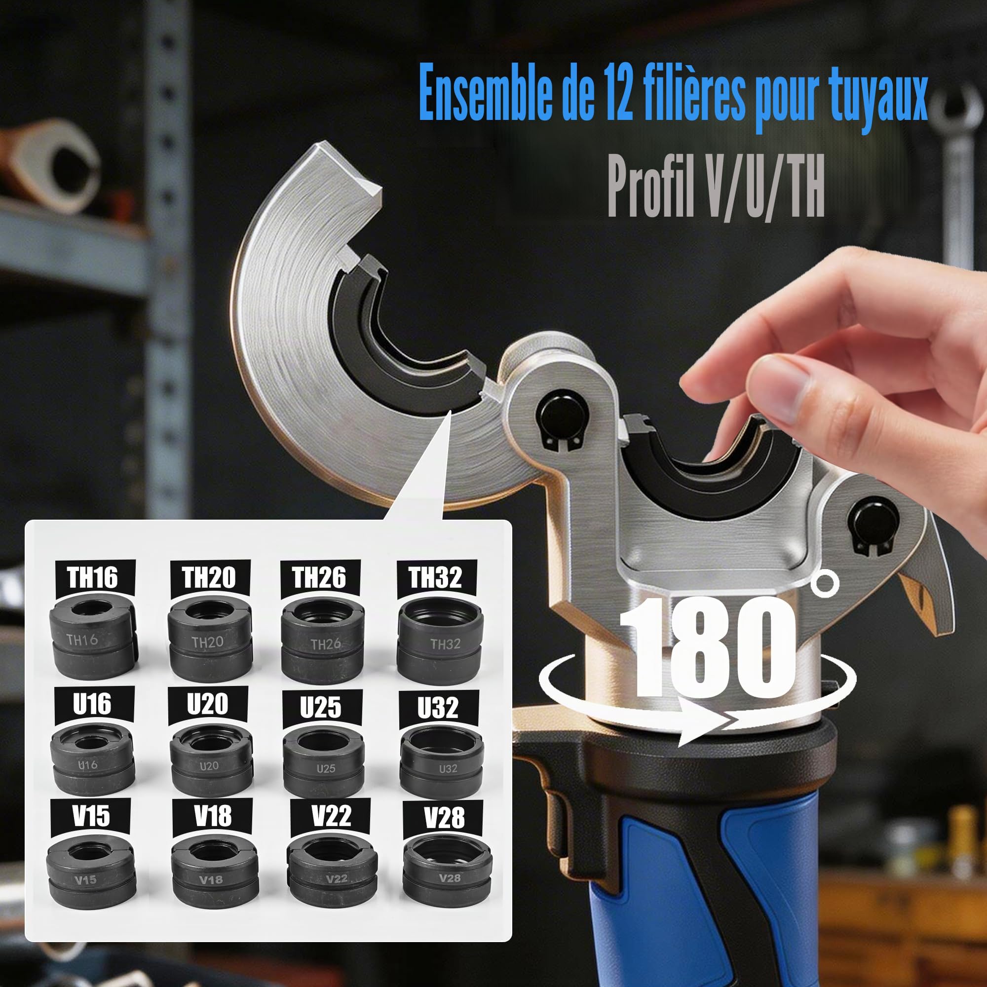 SWANSOFT 18V Pince à presser hydraulique pour tubes avec profils V/U/TH, kit outil de sertissage sans fil avec 12 matrices V15-18-22-28 U16-20-25-32 TH16-20-26-32 pour tube cuivre, inox et multicouche