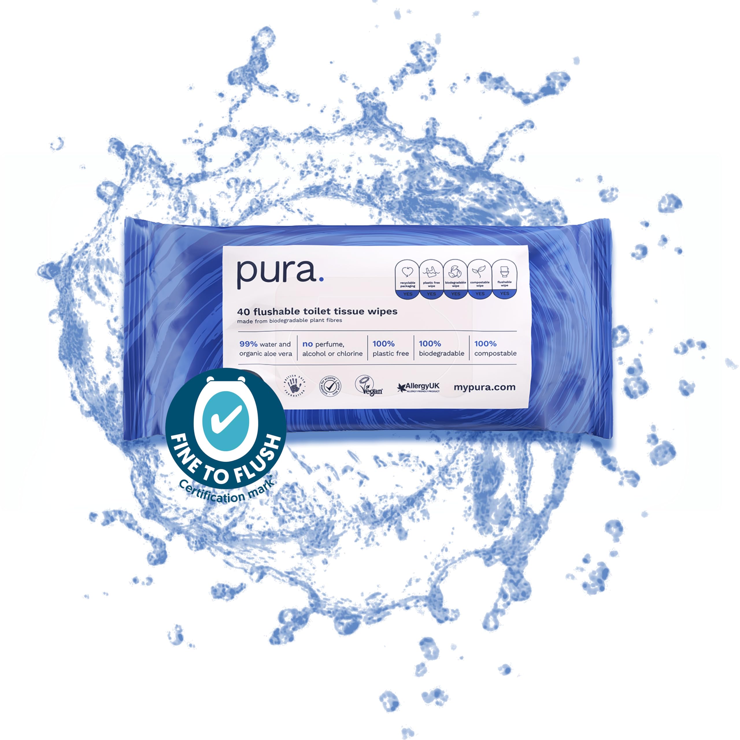 Pura Carta Igienica Umidificata, 40 Salviette (Confezione da 1), Salviette per la Pulizia Della Pelle Sensibile, Certificate 'Fine to Flush', Completamente Prive di Plastica, Biodegradabili