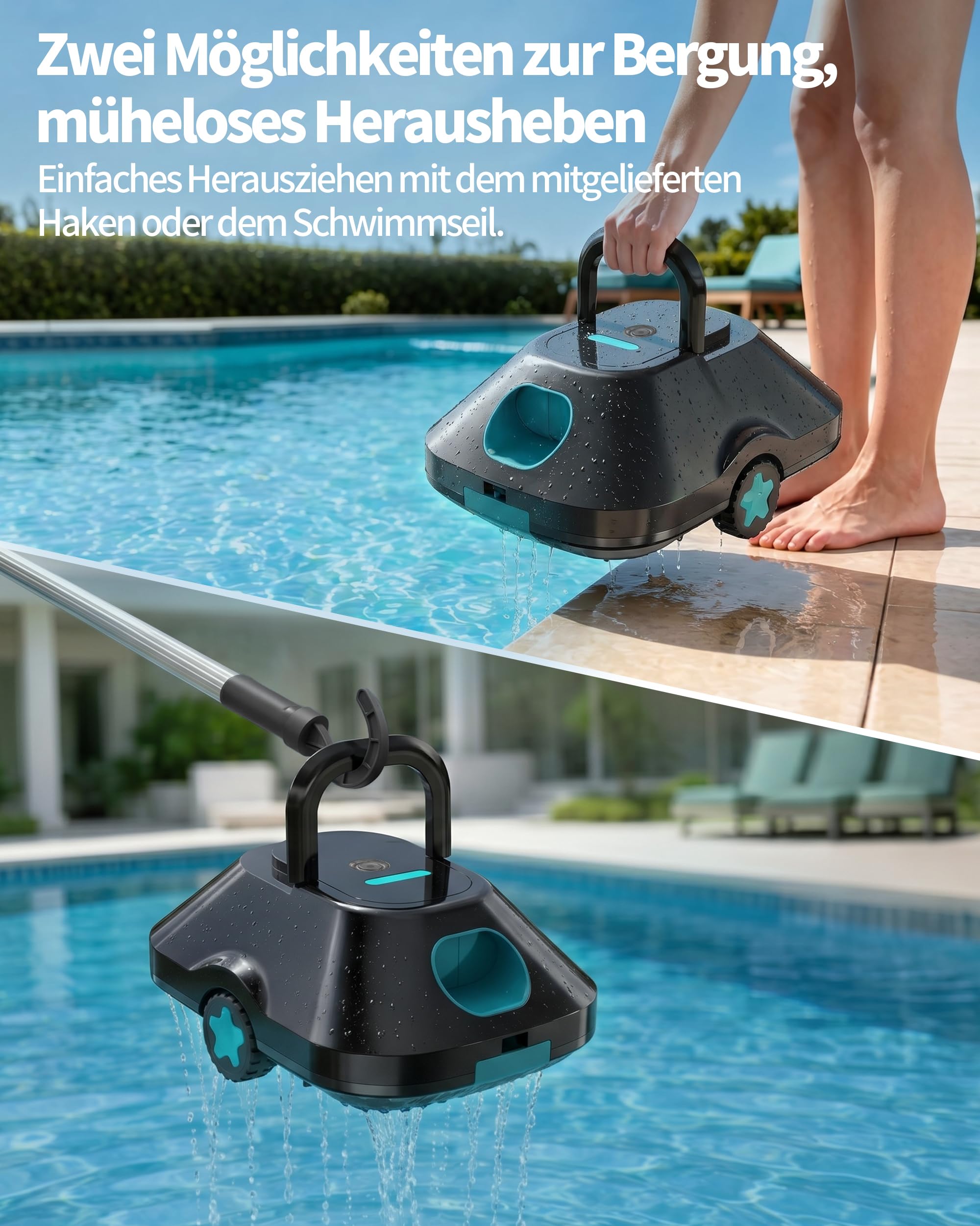 2026 Update Poolroboter,Pool Roboter kabellos Akku,Poolsauger für Aufstellpool,Bis zu 210 Min. Laufzeit,Auto-Parking,Großer,Poolsauger für Aufstellpool 200m²,Cyan