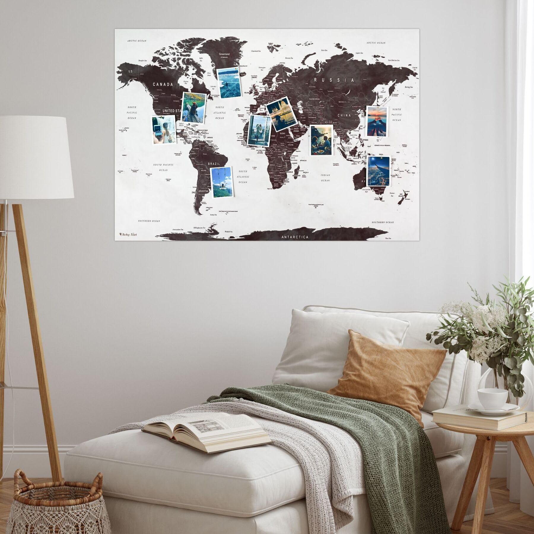 ITCHY FEET XL World Map as Pin Board | Travel Destinations and Holidays | Map Made of Elegant Faux Leather in Grey | DIN A1 84 x 59 cm Includes 50 Pins