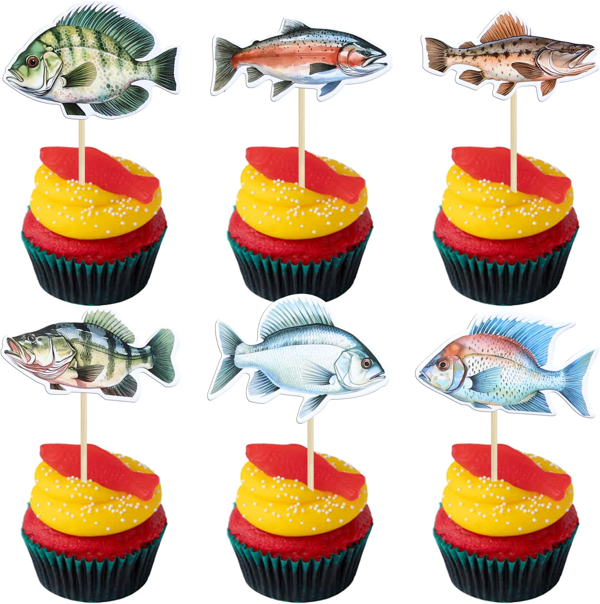 Ephlyn 36Pcs Fishing Cupcake Toppers Fishing Cupcake Toppers Fish Cupcake Topper Fishing Birthday Party Decorations for Boys Girls Happy Birthday Fishing Baby Shower Decorations