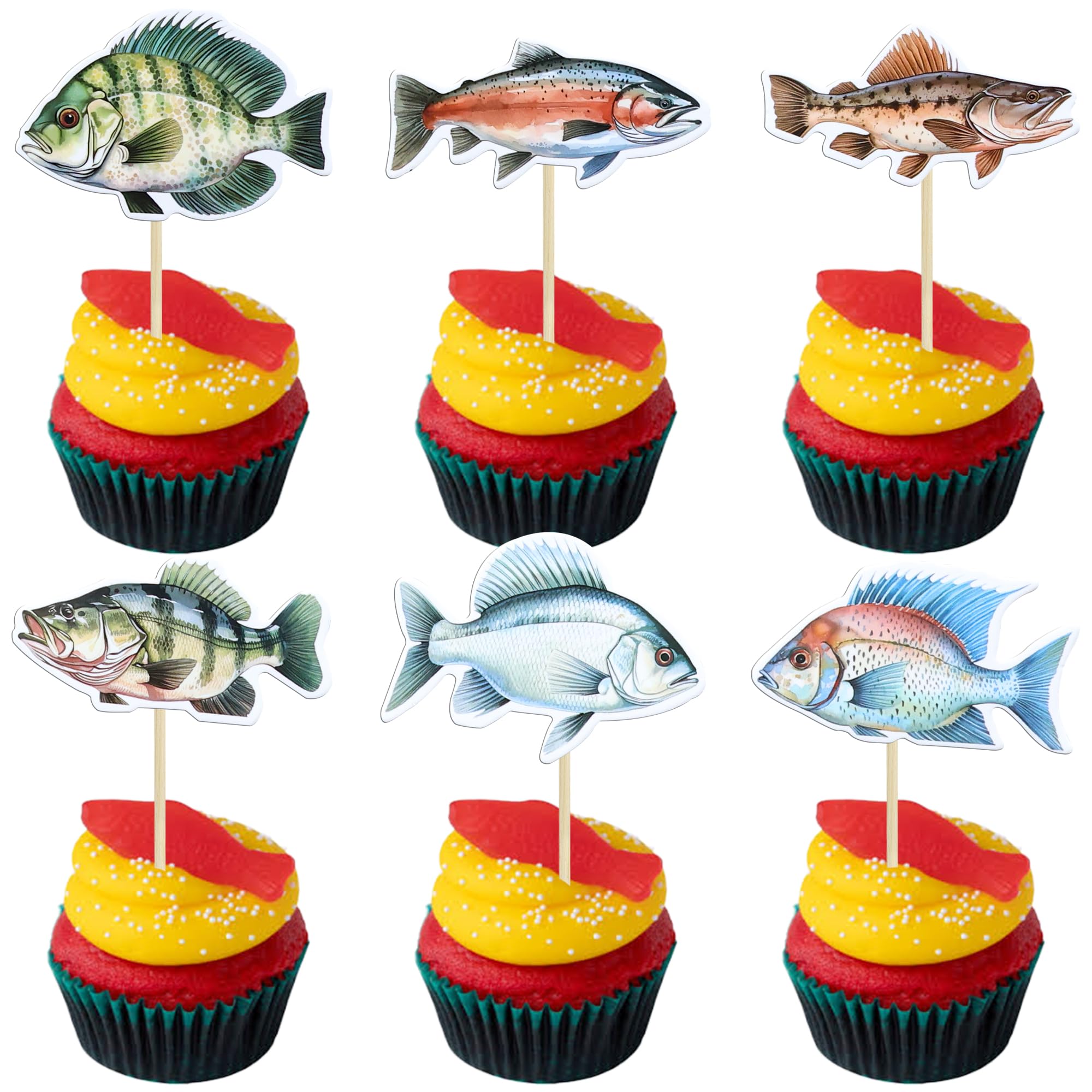 Ephlyn 36Pcs Fishing Cupcake Toppers Fishing Cupcake Toppers Fish Cupcake Topper Fishing Birthday Party Decorations for Boys Girls Happy Birthday Fishing Baby Shower Decorations