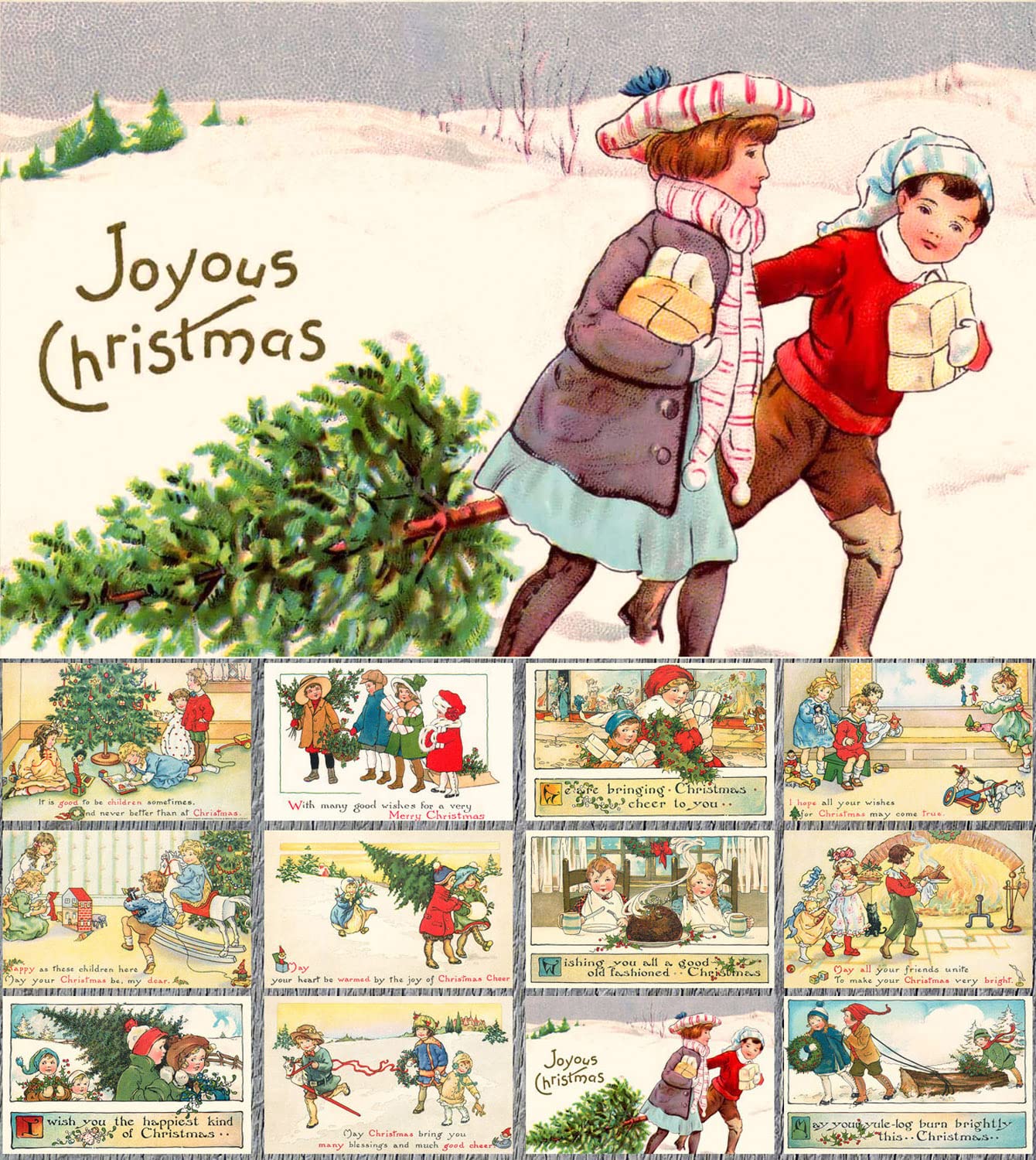 PIXILUV CHRISTMAS TREES (Pack of 12) Notecards Small Greeting Cards # Happy Children and Christmas Trees ~ Vintage Christmas Postcards Reprint