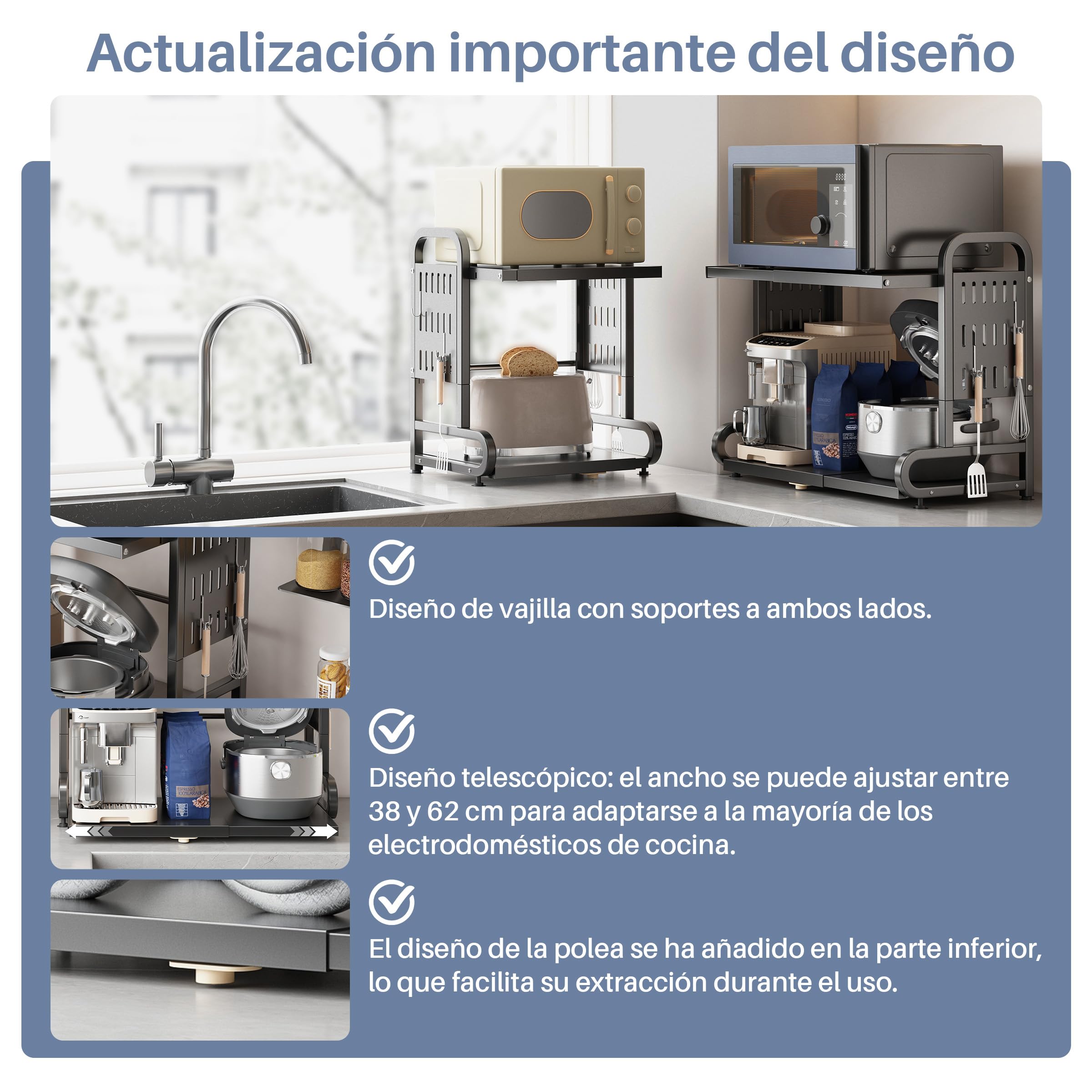 Estante Extensible para Microondas, lmacenamiento Encimera Cocina | Extráctil, 2 Niveles, 6 Ganchos Metálicos, Soporte para Freidora sin Aceite y Horno, Negro