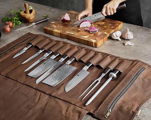 Miniatura 8 de XINZUO Bolsa para cuchillos de chef, estuche profesional para cuchillos de chef, lona encerada de 16 onzas y cuero de caballo loco, con 12 ranuras