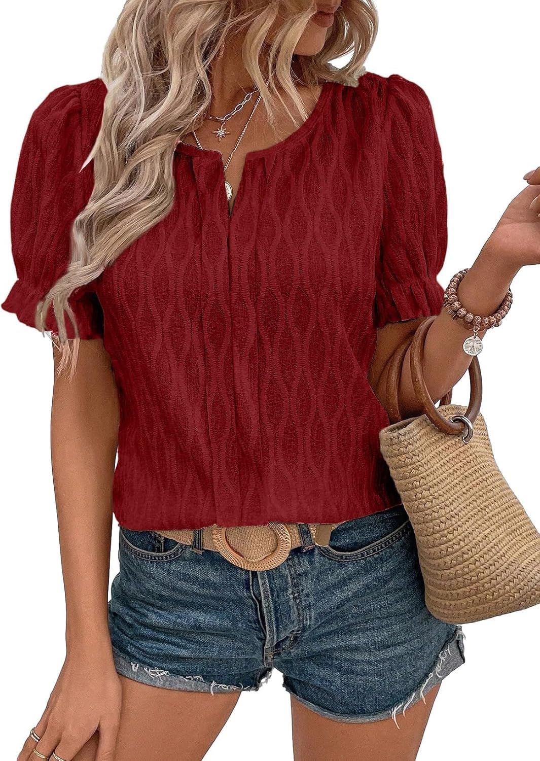 EVALESS Womens Fashion Tops Cute Puff Sleeve Blouses for Women Dressy Casual Spring Summer Clothes Outfits for 2025 Small Red Dahlia