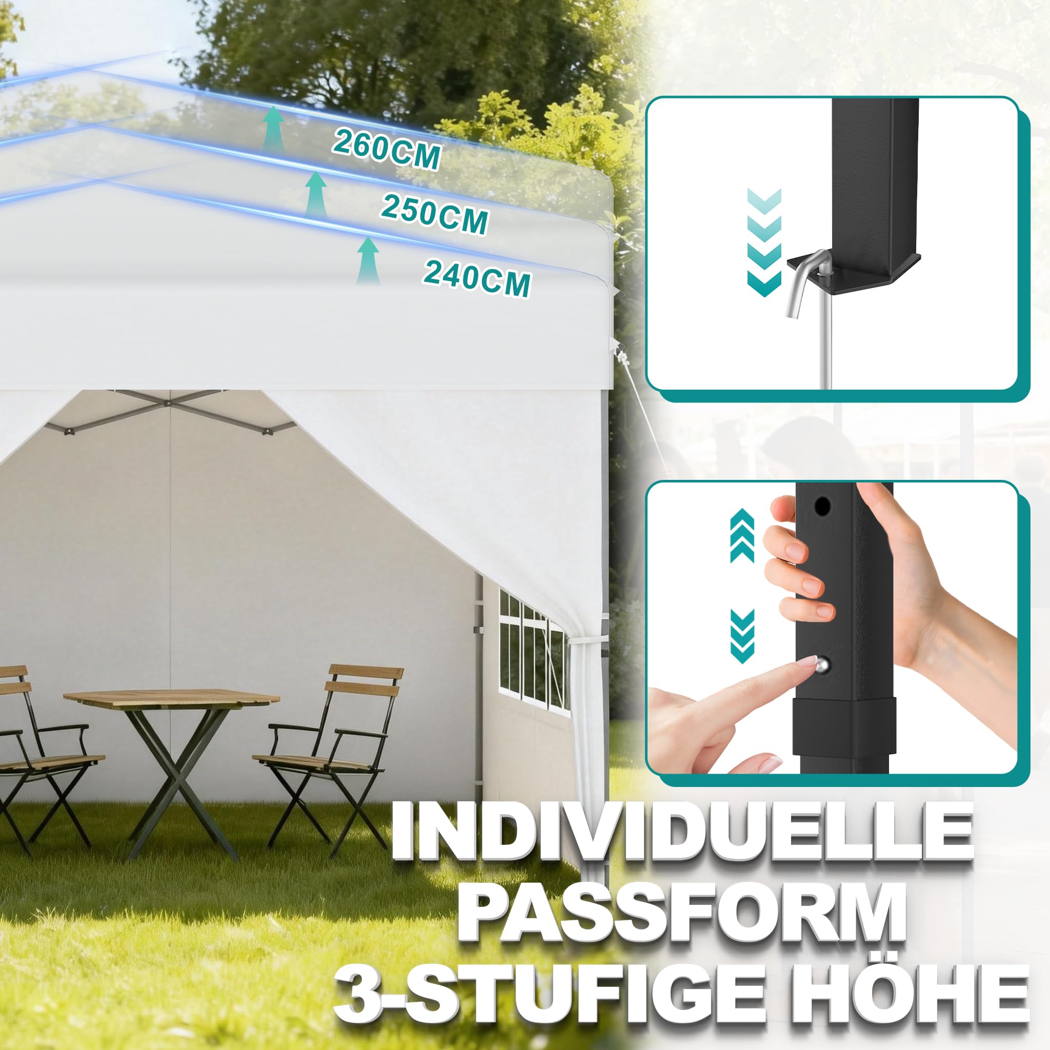 ACXIN Perła 2,5 x 2,5 m Pop Up, 3-poziomowa regulacja wysokości, namiot imprezowy ze srebrnym dachem Oxford, pergola ogrodowa z liną i torbą transportową (biały, z)