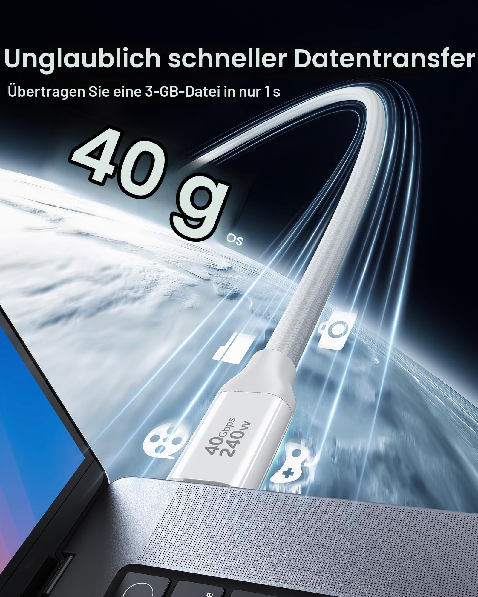 Silkland USB4 USB-C Datenkabel 3m Weiß, 40Gbps 240W Schnellladen, 8K Video