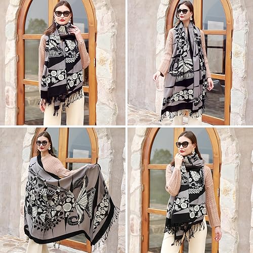 Miniatura 150 de DANA XU Manta de pashmina extragrande 100% de lana merina, bufanda de viaje, bufanda de cachemira para mujer, otoño e invierno, chal de gran