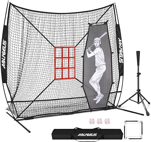 Red de práctica de sóftbol de béisbol de 7 x 7 pies, red de lanzamiento, red de bateo, con sistema de recolección de pelotas grandes, kit de