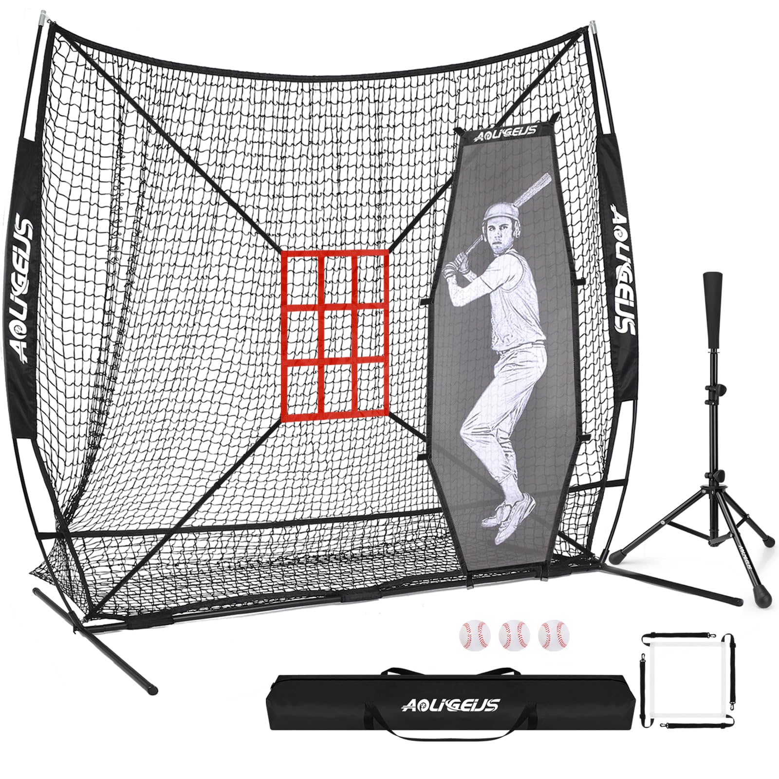AOLIGEIJS 7'X7' Baseball Softball Practice Net,Pitching Net,Batting Net,with Large Ball Collection System,Baseball Pitching Kit - Batter Dummy,Bonus