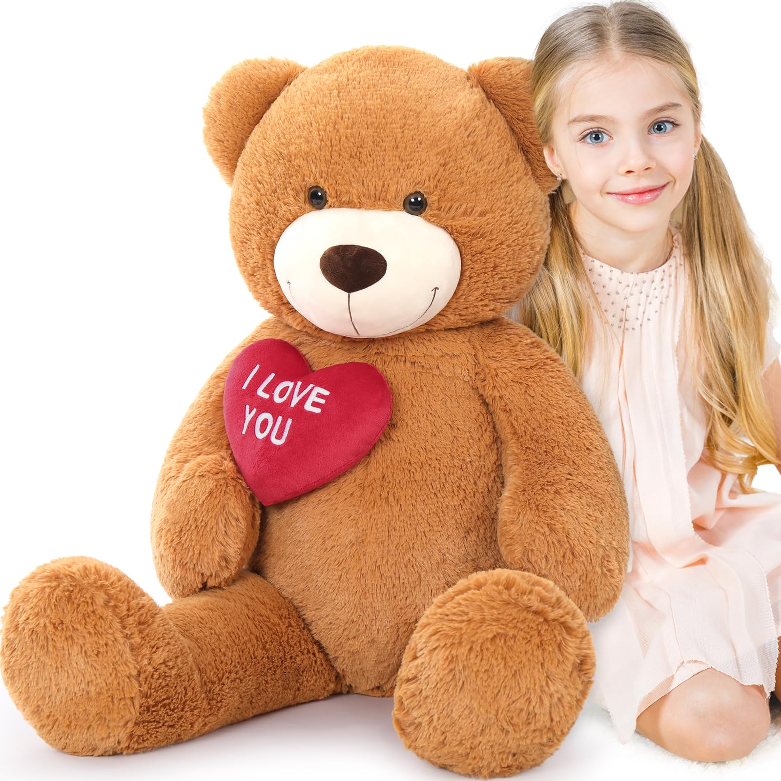 BENINY Red Heart Giant Teddy Bears, Big Teddy Bear Stuffed Animals with Embroidered I Love You for Girlfriend, Valentines Fluffy Teddy Bear Birthday