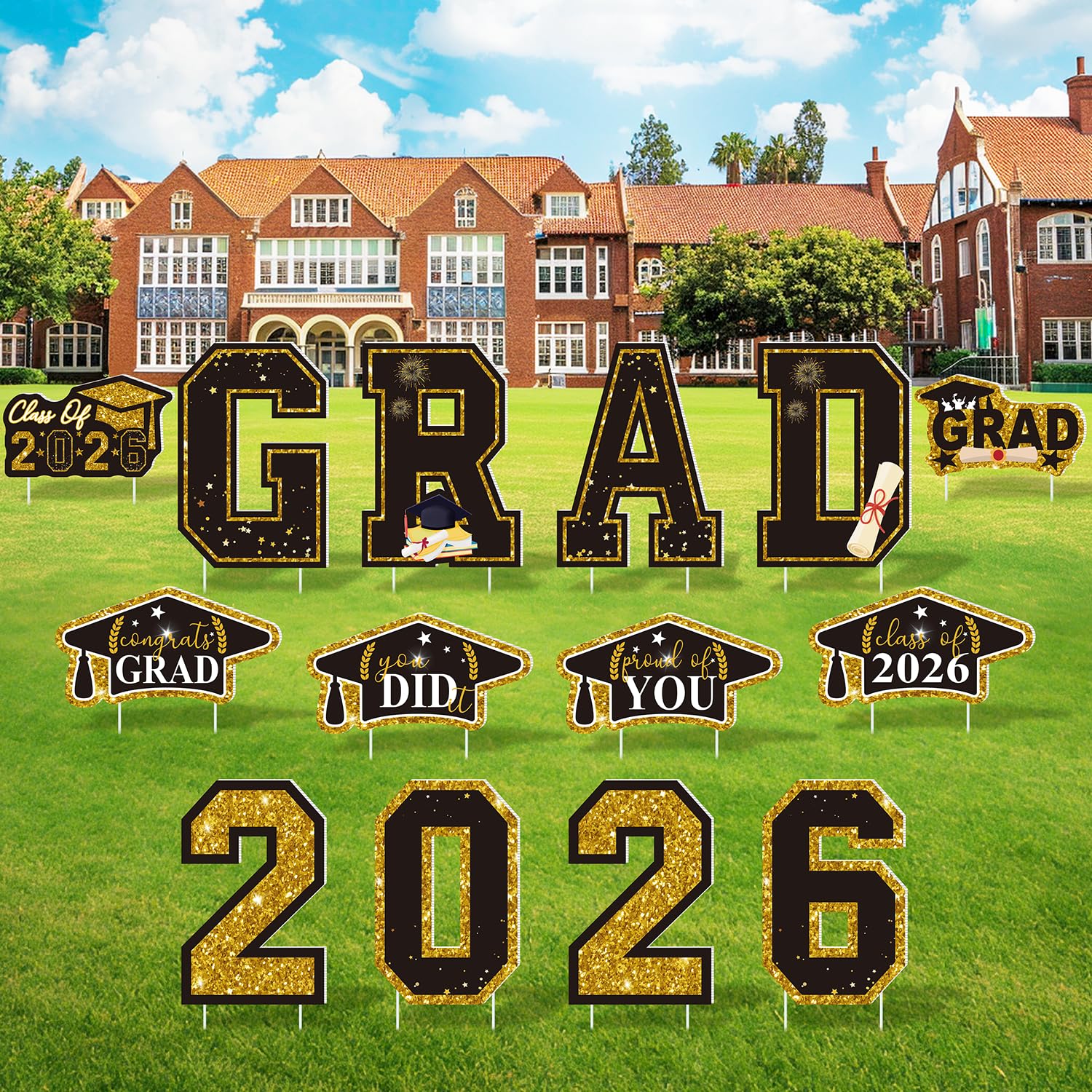 Photo 1 of 2026 Graduation Decorations Yard Signs 14 PCS, Class of 2026 Large Black & Gold Congrats Grade Signs with Lawn Stakes, Outdoor Weatherproof Party Favors Supplies for College & High School