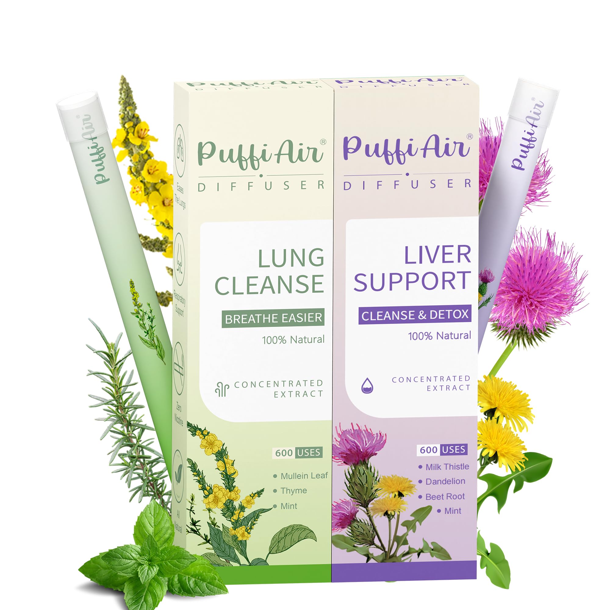 PUFFIAIR Inner Balance Duo Herbal Diffuser Pen Set | Mullein Cleanse Inspired Blend for Daily Reset | Green Purple | 2 Count