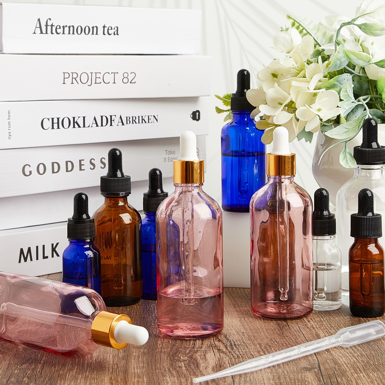 Lallisa 48 Stück Glas-Tropfflaschen mit Augentropfenspender, Labor Tropfflaschen mit 4 langen Pipetten, 4 Trichter und 80 Etiketten für Reisen, Nagelhautmassage, ätherische Öle, Parfüm (Rosa, 118 ml)