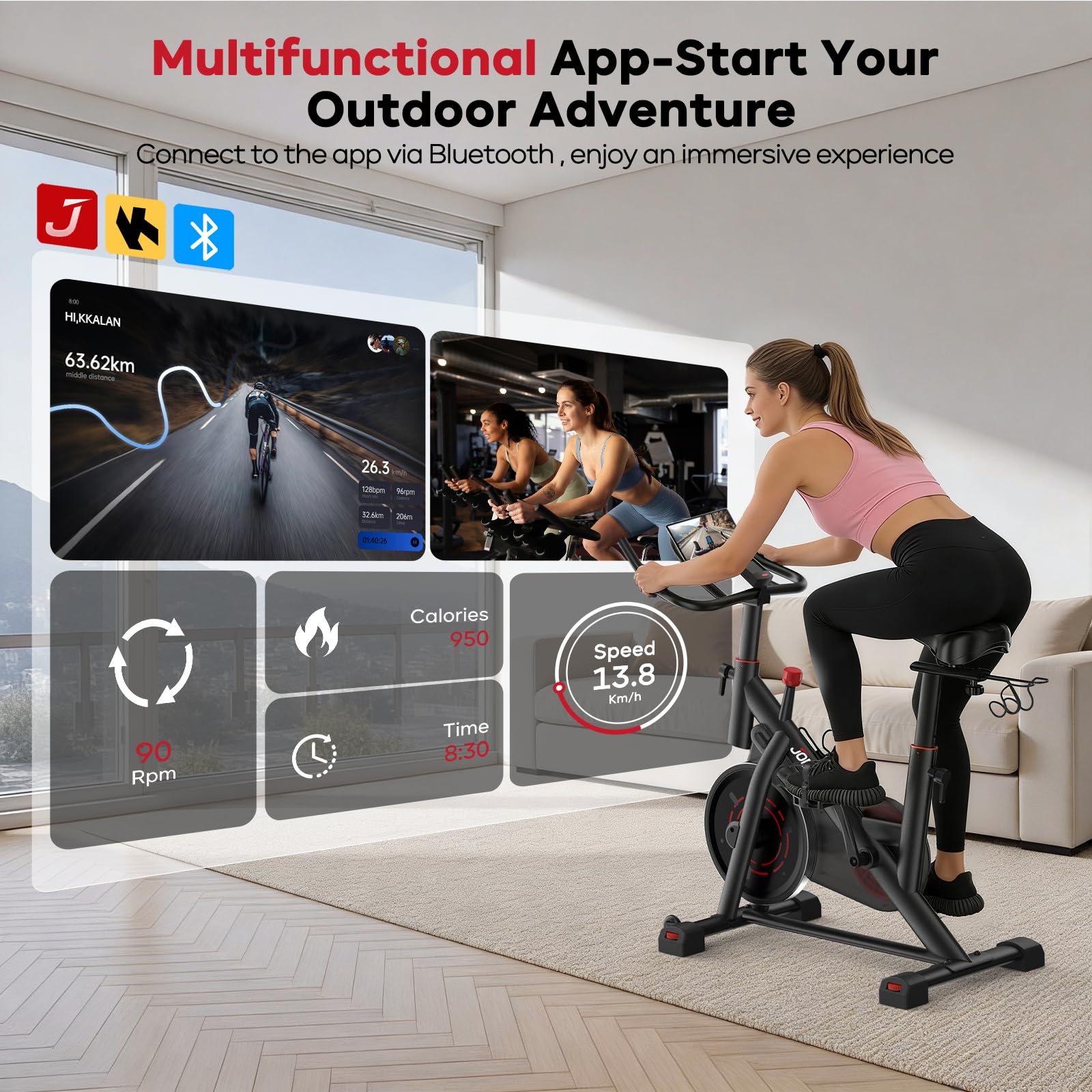JOROTO Heimtrainer Fahrrad mit App & Bluetooth, leiser Magnetwiderstand | Indoor Cycling Bike mit bis 150kg, Hantelständer & Flaschenhalter, LCD-Display, Fitnessbike für Zuhause