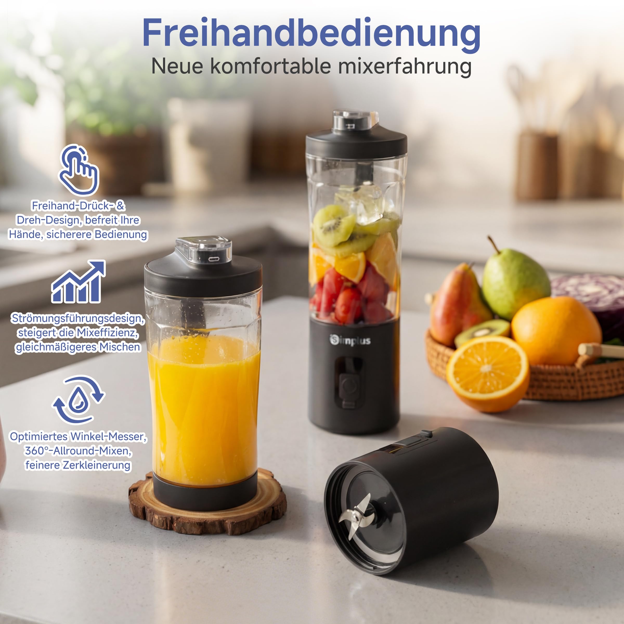 SIMPLUS Tragbarer Mixer 800ml Smoothie Maker To Go, USB-C Mini Mixer mit 6 Edelstahlklingen, kabelloser Blender für Shakes, Milchmixgetränke, weiche Früchte & kleine Eisstücke, BPA-frei