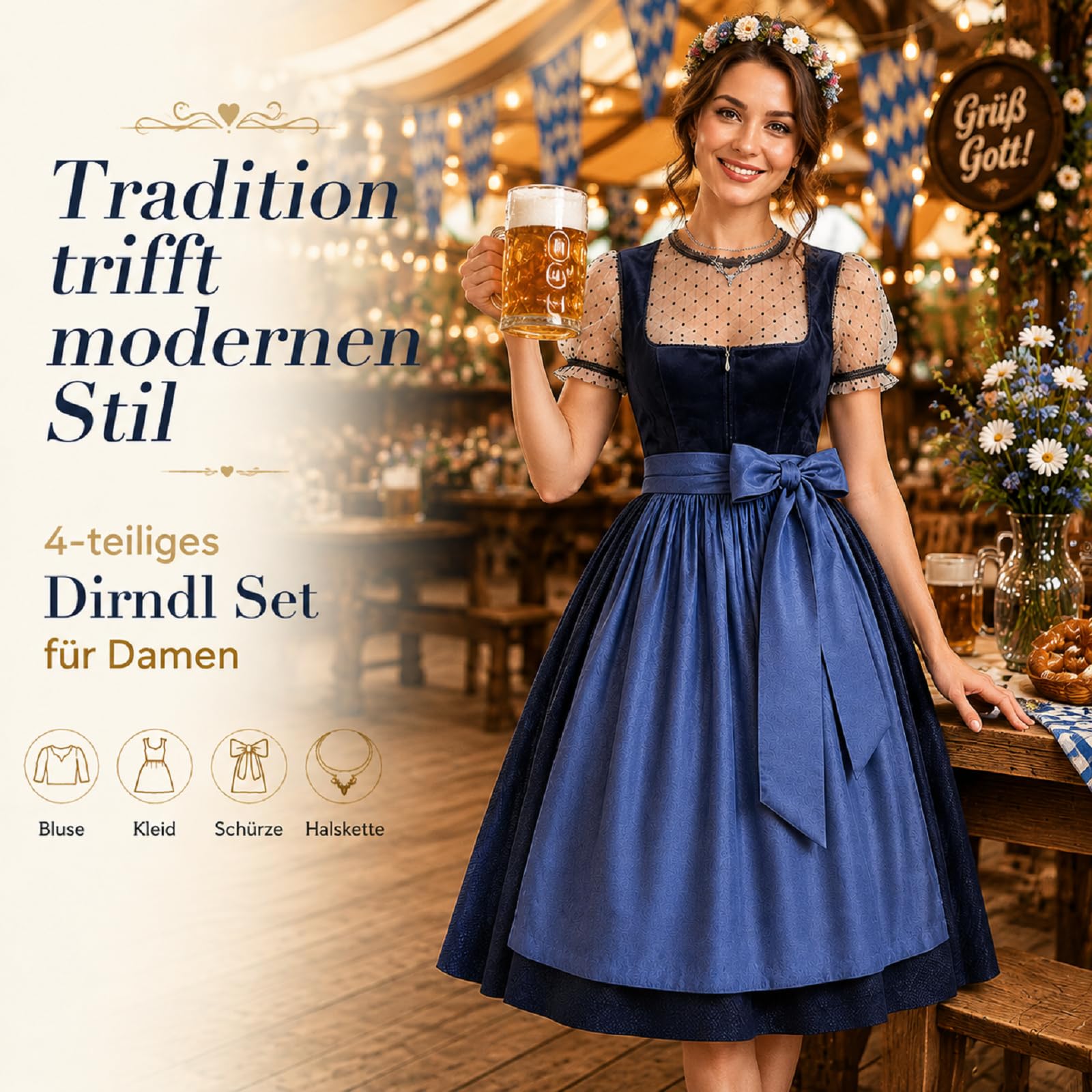 Generisch Dirndl Damen midi Lang Dirndl Trachtenkleid Trachtenrock DirndlKomplettsets Trachtenmode Trachten Damen mit 4 Teilig DirndlSchürze Dirndlbluse Oktoberfest Dresses Dirndlkleid Blau Rot Grün