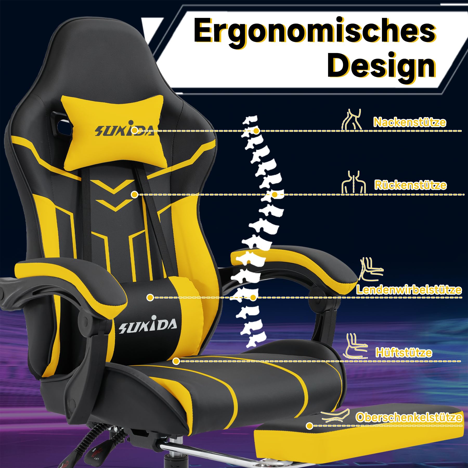 SUKIDA Gaming Stuhl Computerstuhl Ergonomischer Gaming Chair mit Fußstütze Bürostuhl Ergonomischer Computerstuhl mit Lendenwirbelstütze,BlackYellow