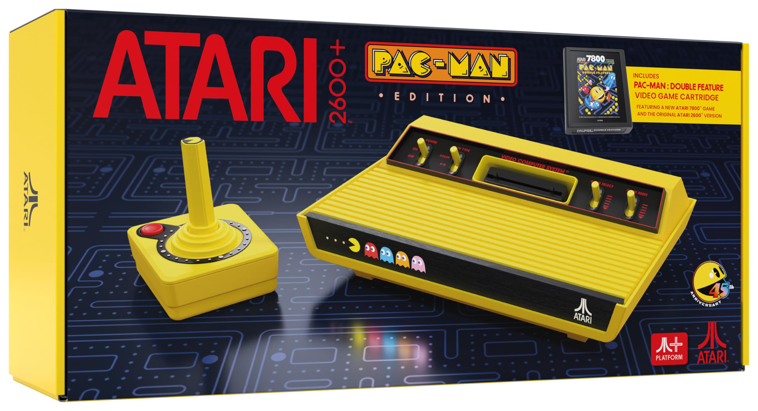 Atari 2600+ パックマンエディション 【特典】「PAC-MAN: Double Feature」カートリッジ(PAC-MAN 7800と PAC-MAN 2600がプレイ可能)、CX-40+ ワイヤレスジョイスティック(パックマン)、HDMI ケーブル、充電/電源ケーブル x2、DB9 & USB ドングル 同梱
