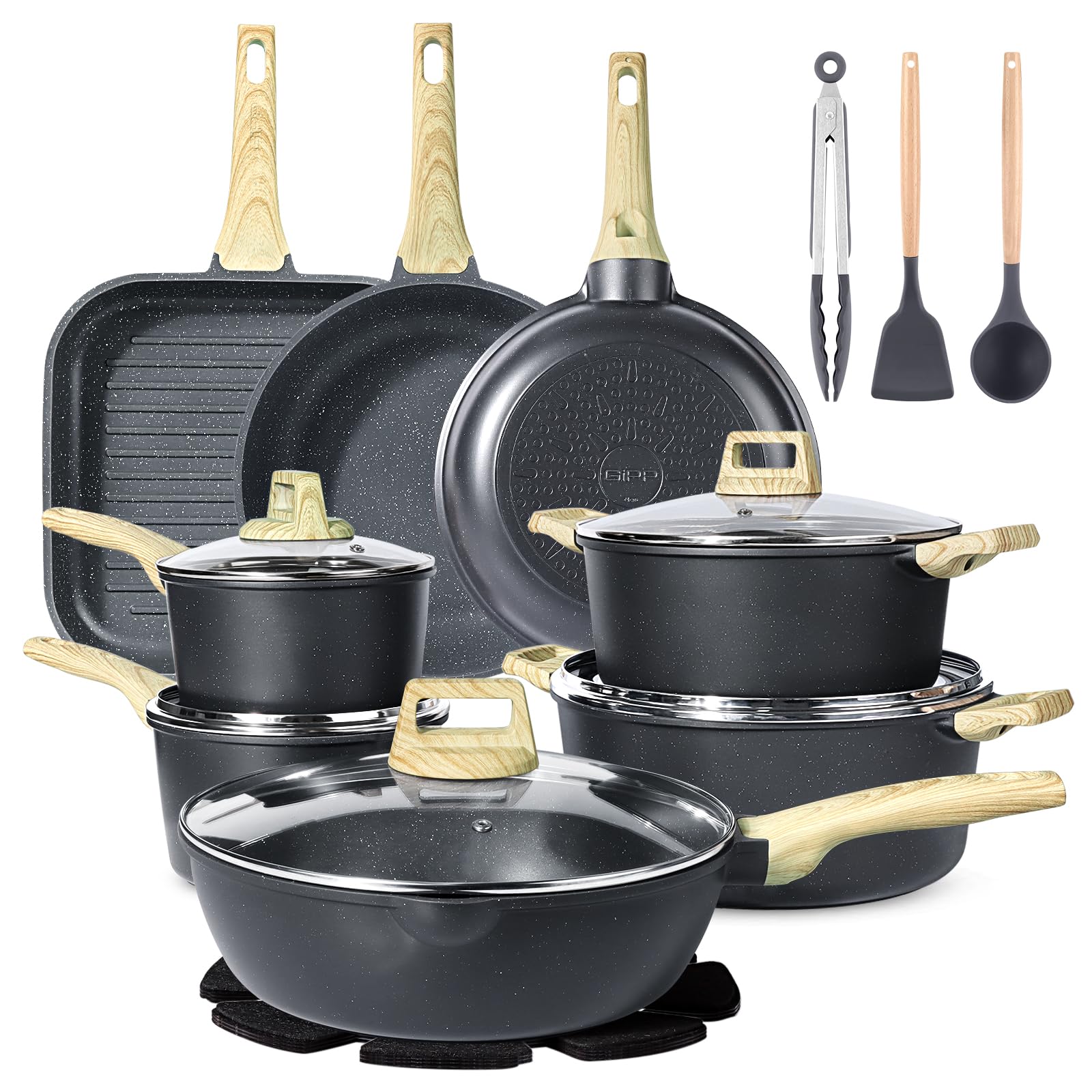 GiPP 21Psc Pots and Pans Set Non Stick - Grey Ceramic Kitchen Cookware Sets Nonstick Induction Cookware Non-toxic Cooking Pan Set with Silicone Utensils, PFOS and PFOA Free