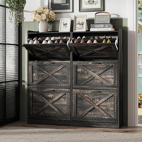 Vista 40 de Maupvit Armario grande de almacenamiento de zapatos con 4 cajones abatibles, armario estrecho para zapatos para entrada con patas de madera, Blanco