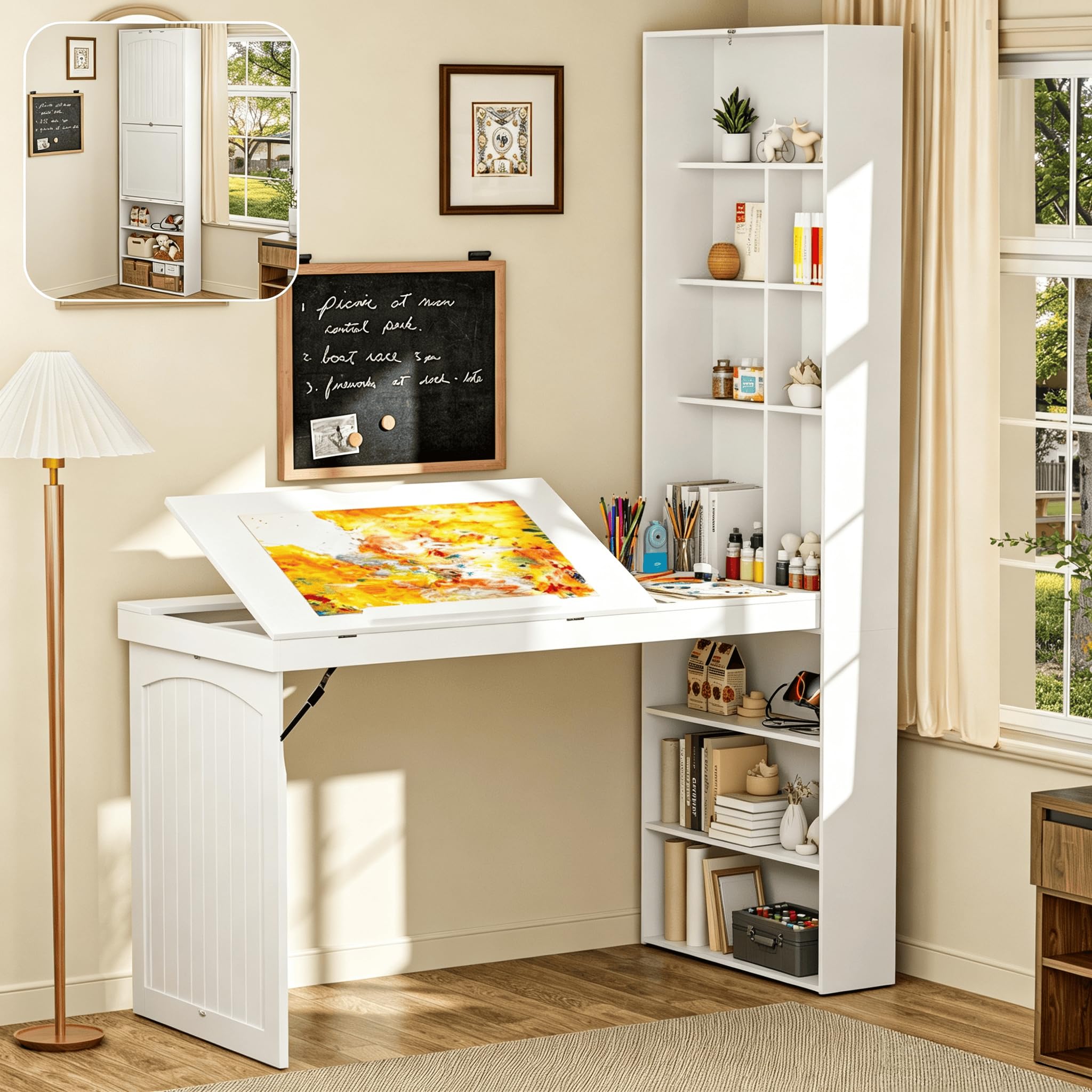 Foldable Drafting Table Desk, Space-Saving Folding Craft Table with Storage
